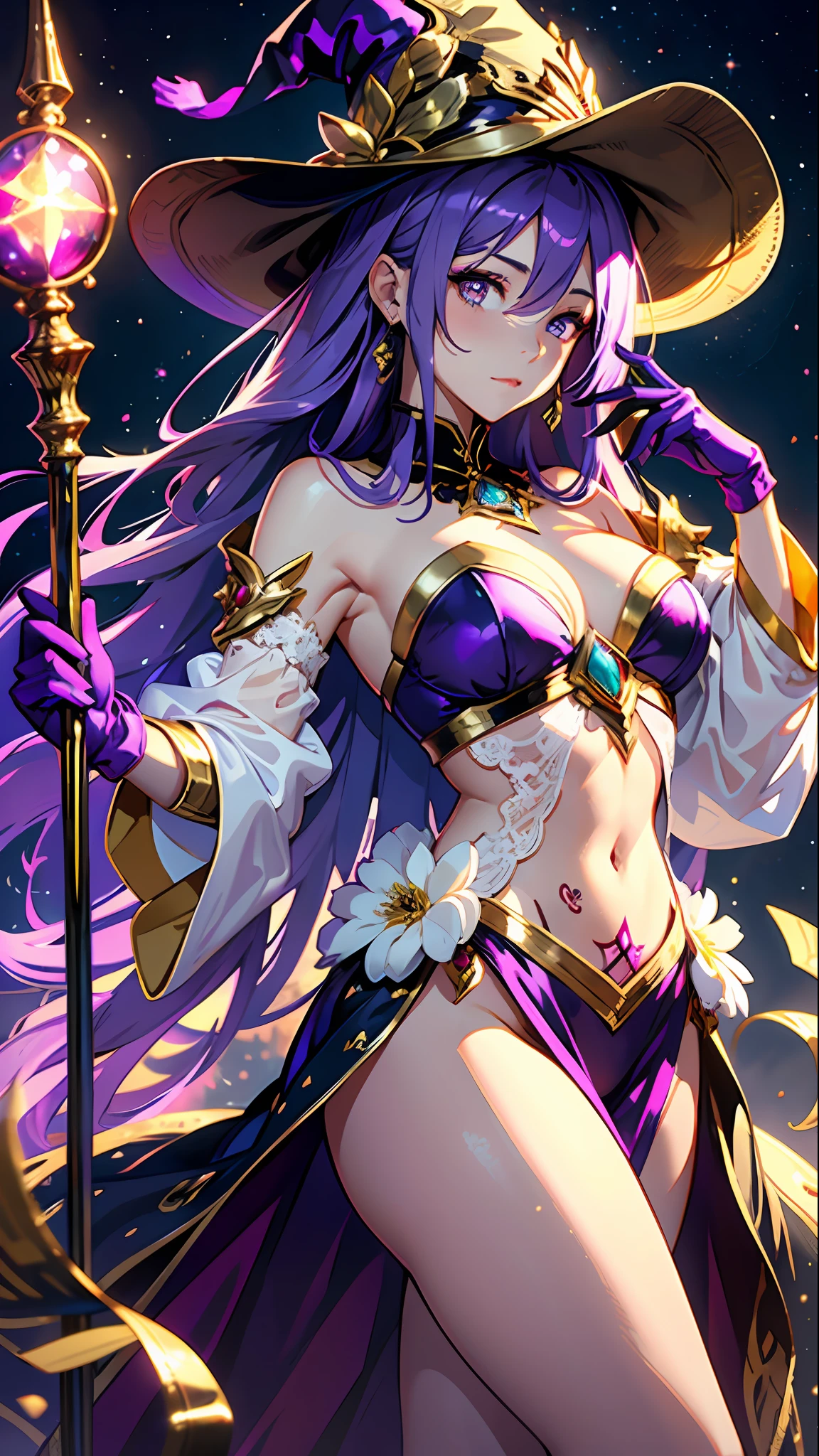 1girll, sorceress woman，red pupils，Gorgeous Hair in Long Purple，flowy，crisp breasts，Toned Thighs，Red tattoo on the thigh，Purple wizard hat，Golden decoration，Purple bandeau dress，Golden decoration，White long-sleeved gloves，White lace knee-length boots，Surrounded by purple tulle，He held a ruby encrusted wand in his hand，starrysky，kosmos，magicle world，Detailed background，Clothing details，perfectly proportioned, Cinematic lighting, filmgrain, Fuji colors, lightand shade contrast, 8K, 巨作, Textured skin, Super detail, high detal, high qulity, A high resolution,