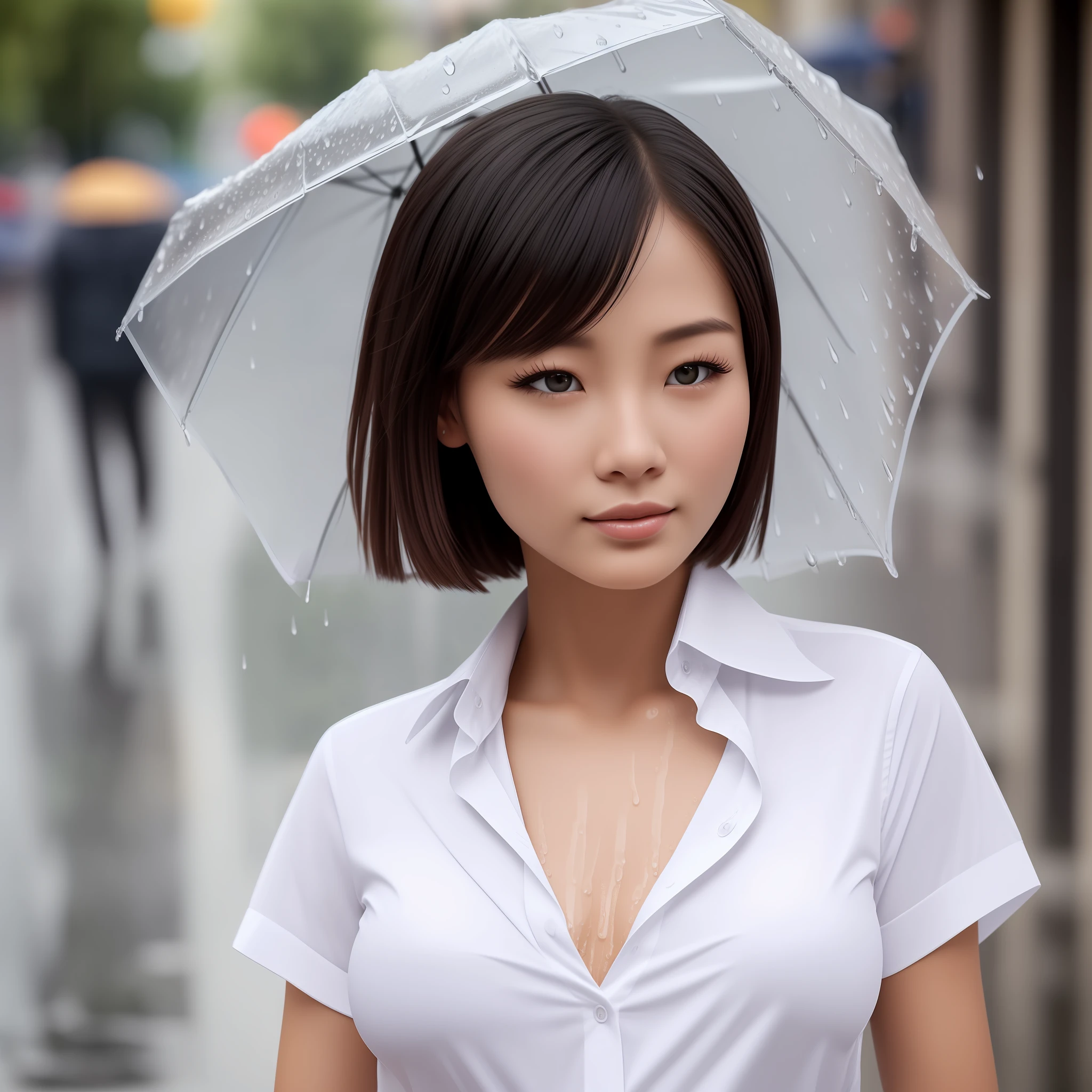 ((Best quality, 8k, Masterpiece: 1.3)), Sharp focus: 1.2, A beautiful woman with perfect body: 1.4, Slim abdomen: 1.2, ((Layered haircut, Large breasts: 1.2)), (no bra) (Small and beautiful hard nipple) (Thin and damp button up to shirt length: 1.1), (White shirt wet by rain), (Rain, Street: 1.2), Wet body: 1.1, Highly detailed face and skin texture, Detailed eyes, Double eyelid, tanned skin, sexy, tan --auto
