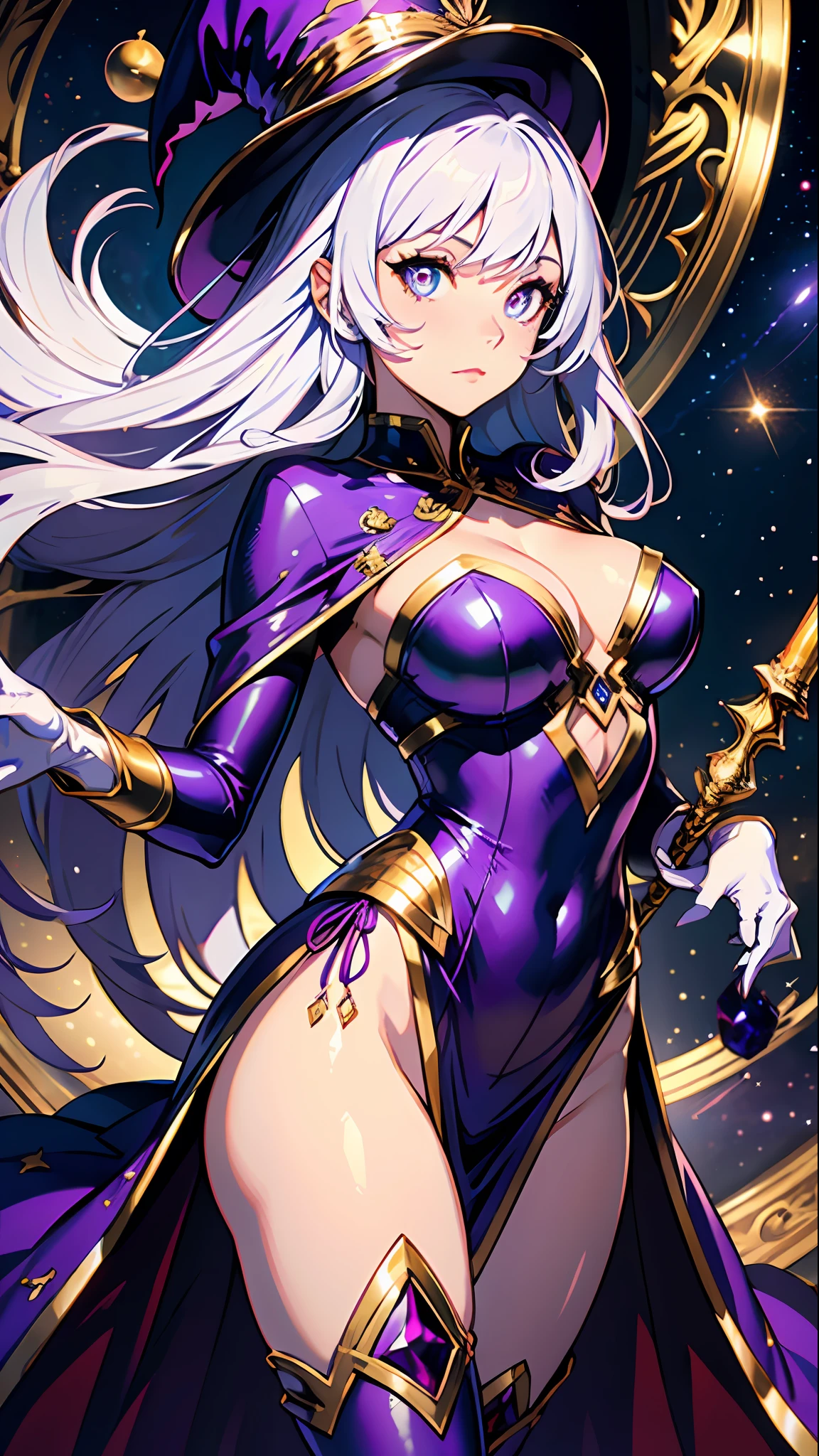 1girll, sorceress woman，red pupils，Gorgeous Hair in Long Purple，flowy，crisp breasts，Toned Thighs，Red tattoo on the thigh，Purple wizard hat，Golden decoration，Purple bandeau dress，Golden decoration，White long-sleeved gloves，White lace knee-length boots，Surrounded by purple tulle，He held a ruby encrusted wand in his hand，starrysky，kosmos，magicle world，Detailed background，Clothing details，perfectly proportioned, Cinematic lighting, filmgrain, Fuji colors, lightand shade contrast, 8K, 巨作, Textured skin, Super detail, high detal, high qulity, A high resolution,