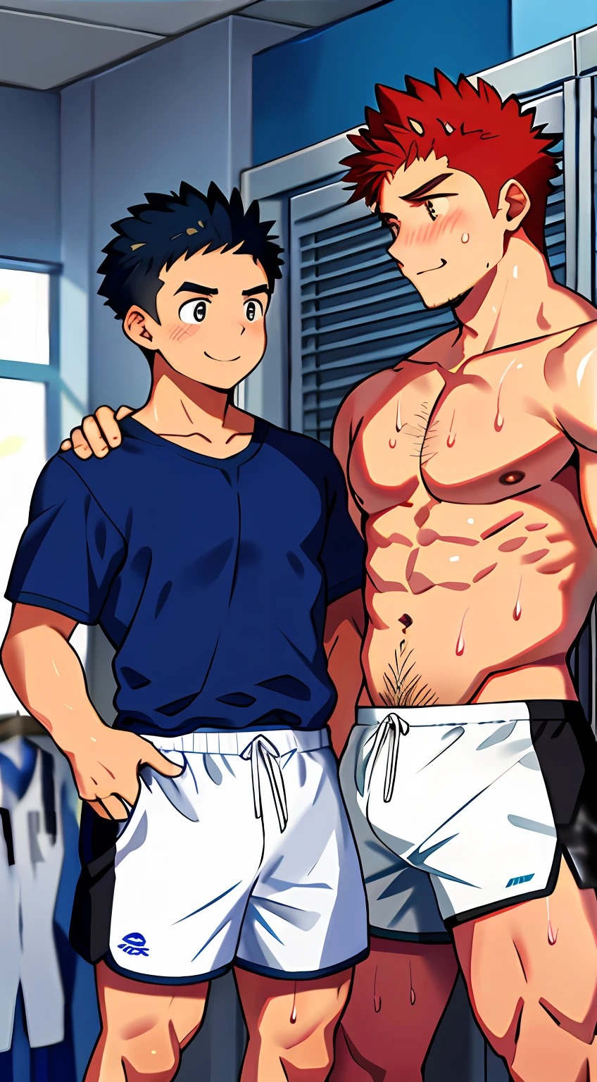 Two Boys, About 13 years old, Being in the locker room after an intense soccer match. They are partially undressed, Take off your shirt、Athletic shorts hanging low at the waist. Sweat shines on the skin, Evidence of their efforts in the field. Their faces are flushed with the heat of exercise, Their hair is damp and、Sticks to the forehead. One Boy, tall and short, spiky hair, Leaning against the row of lockers, A playful smile on his face. He has a thin and visibly developed muscular physique, His eyes glance at his companion. Another Boy, a little short with disheveled hair, standing with hand on her hip. His physique is lean.、Signs of growth, He sees his friend with a competitive spark in his eyes. They are comparing their physical development, Mixing rivalry and friendship between them. The air is heavy with the smell of sweat and a sharp tongue of disinfectant. Scattered around them are their sports equipment, water bottle, And discarded clothes.