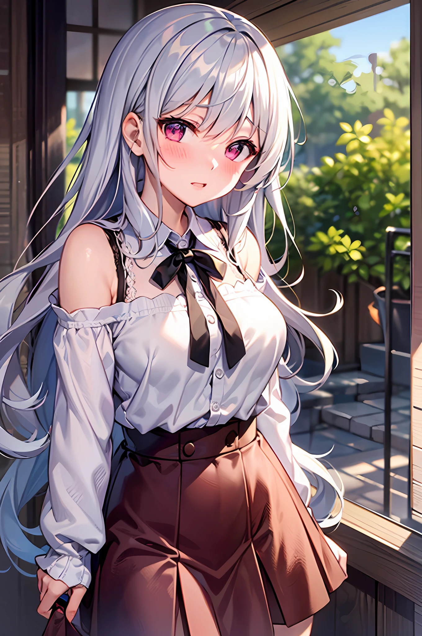 {Best Quality}, {ultra-detailliert}, {very detailed illustration}, silber hair, Aimei, embarrassed from,breastsout,,red blush,Be undress,skirt by the、Casual clothing,Knitting clothing,Black
