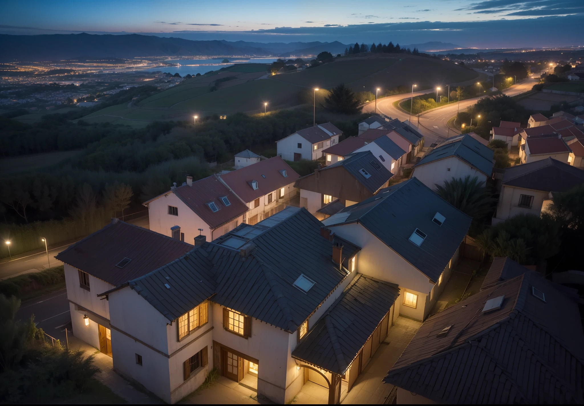 Old and abandoned house lights out, noite escura, cidade pequena, casas, postes de madeira, lampadas nos postes, Aerial view, 8k, maximum detailed, alta qualidade