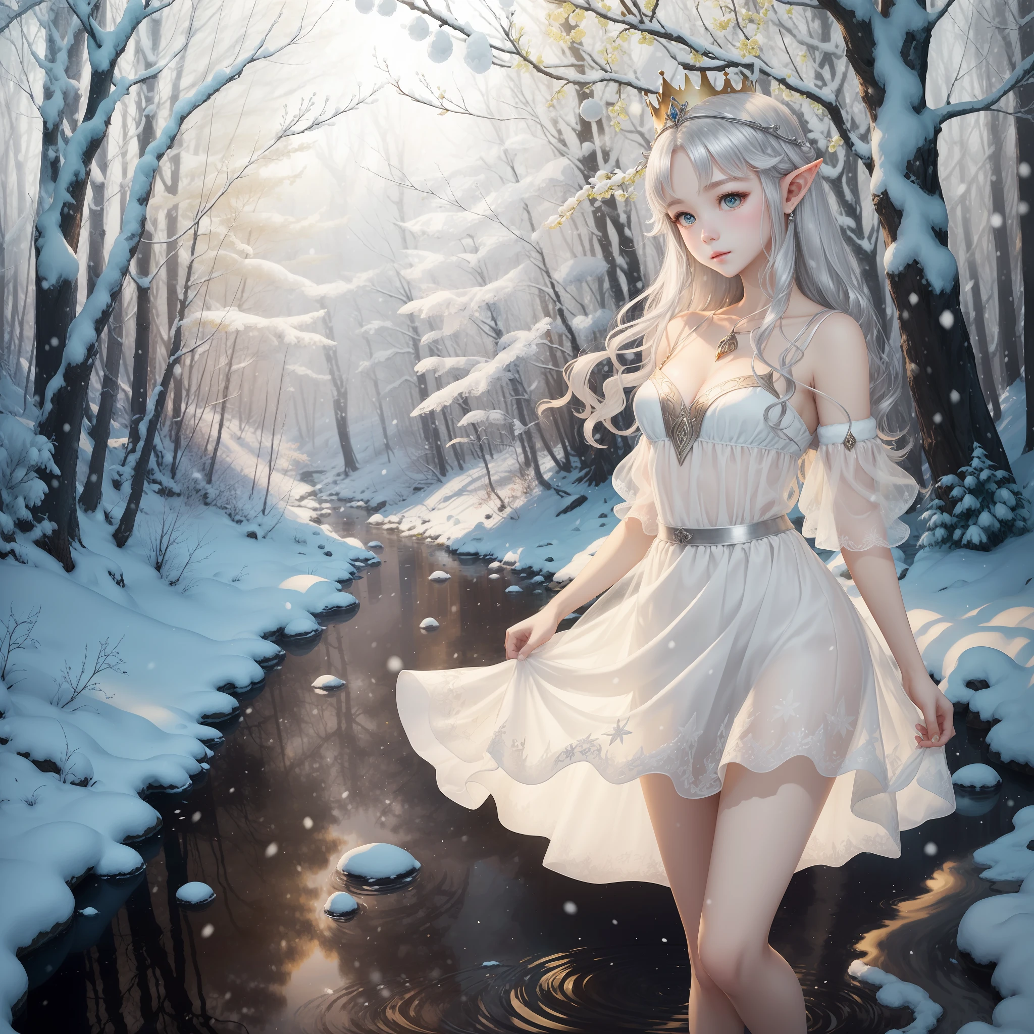 A White Elf Princess，Wear a low-cut tulle dress，Bare snow-white thighs。With a silver crown，Stand in the creek，，Live-action texture，The picture quality is delicate，Ultra-clear resolution，The lighting effects are soft，The background is a forest in spring。Warm yellow，Strong sense of three-dimensionality。 --auto