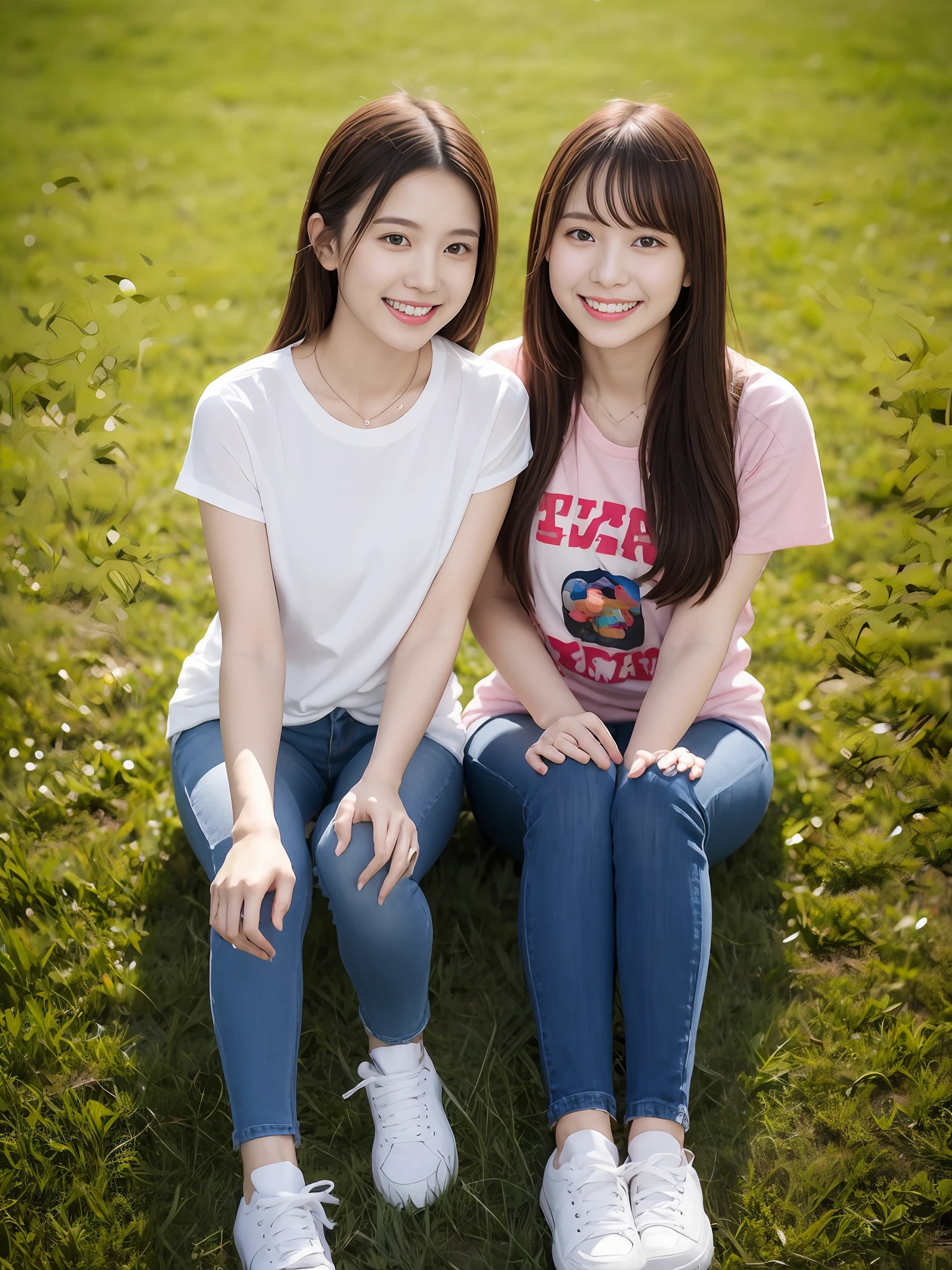 （超高分辨率，RAW photogr，realisticlying，tmasterpiece，best qualtiy：1.4），Complicated details，3个女孩，3 20 year old Korean girls，Wear a loose black T-shirt and skinny jeans，Stand on the grass and take pictures，hugs，Intimate relationships，Detailed meadow，A sweet smile on a small face，Ultra-realistic facial details，The face and skin are pink and white, and luminous，Playful and coquettish pose，The calves are straight and slender:1.2，Wear high-end brand sneakers:1.0，eventide：0.3，Broad lighting，naturalshadow：1.0，超高分辨率，taking a full body photo:1.8 --auto