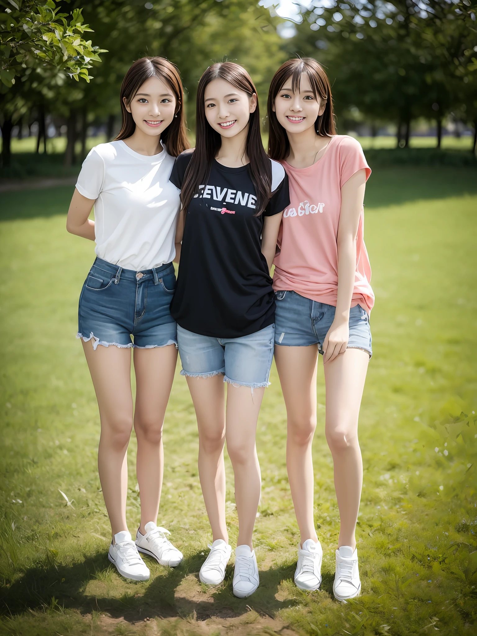 （超高分辨率，RAW photogr，realisticlying，tmasterpiece，best qualtiy：1.4），Complicated details，3个女孩，3 20 year old Korean girls，Wear a loose black T-shirt and skinny jeans，Stand on the grass and take pictures，hugs，Intimate relationships，Detailed meadow，A sweet smile on a small face，Ultra-realistic facial details，The face and skin are pink and white, and luminous，Playful and coquettish pose，The calves are straight and slender:1.2，Wear high-end brand sneakers:1.0，eventide：0.3，Broad lighting，naturalshadow：1.0，超高分辨率，taking a full body photo:1.8 --auto