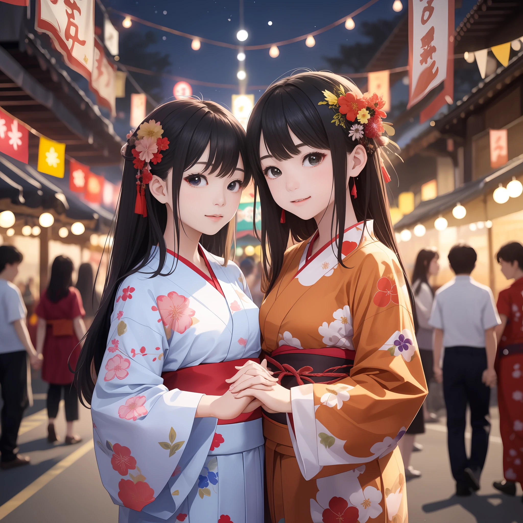 top-quality、Top image quality、masterpiece、8k、((Character duo、Holding hands side by side))、Two girls in yukata、Summer Festivals、Food stalls are lined up、Fireworks are set off in the night sky