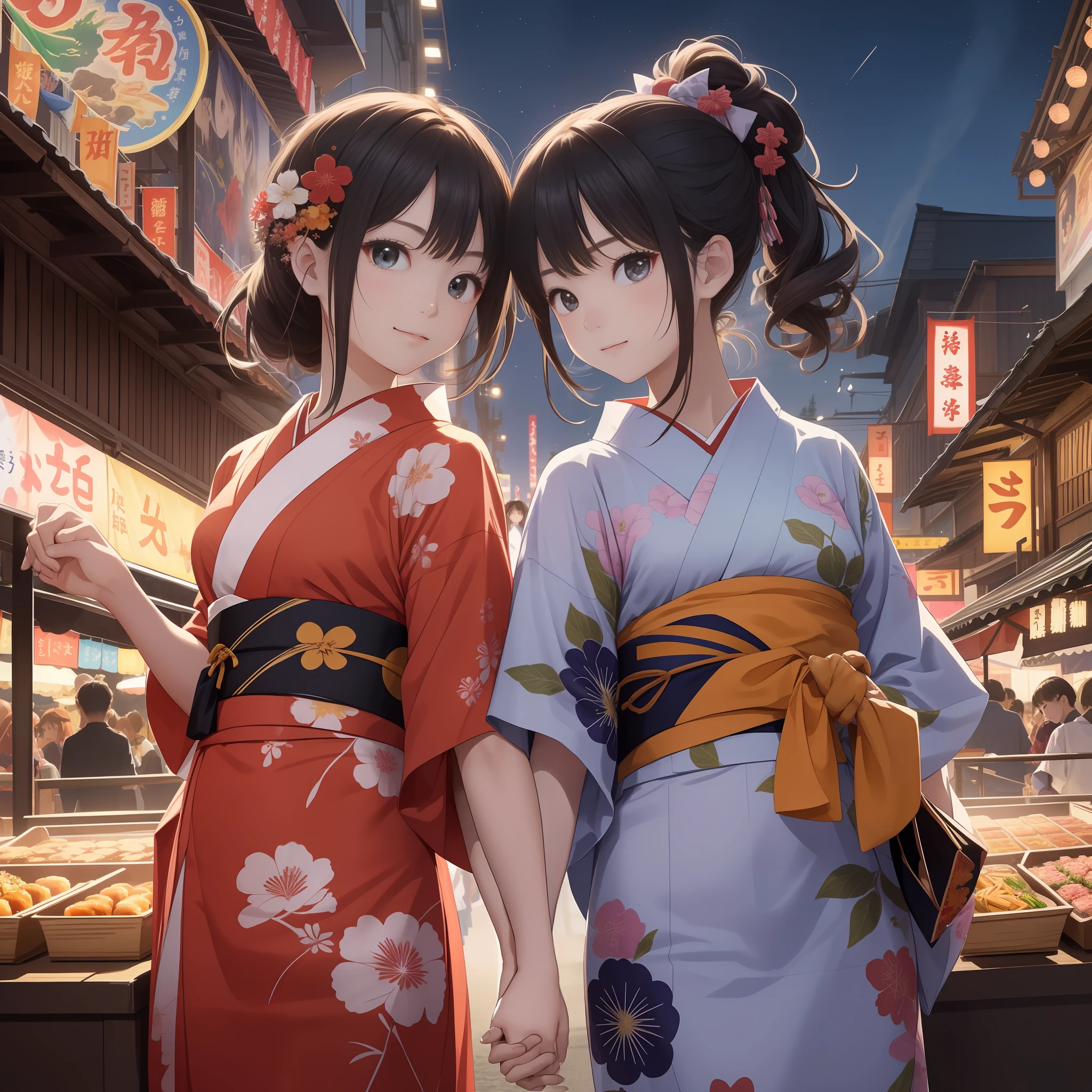 top-quality、Top image quality、masterpiece、8k、((Character duo、Holding hands side by side))、Two girls in yukata、Summer Festivals、Food stalls are lined up、Fireworks are set off in the night sky