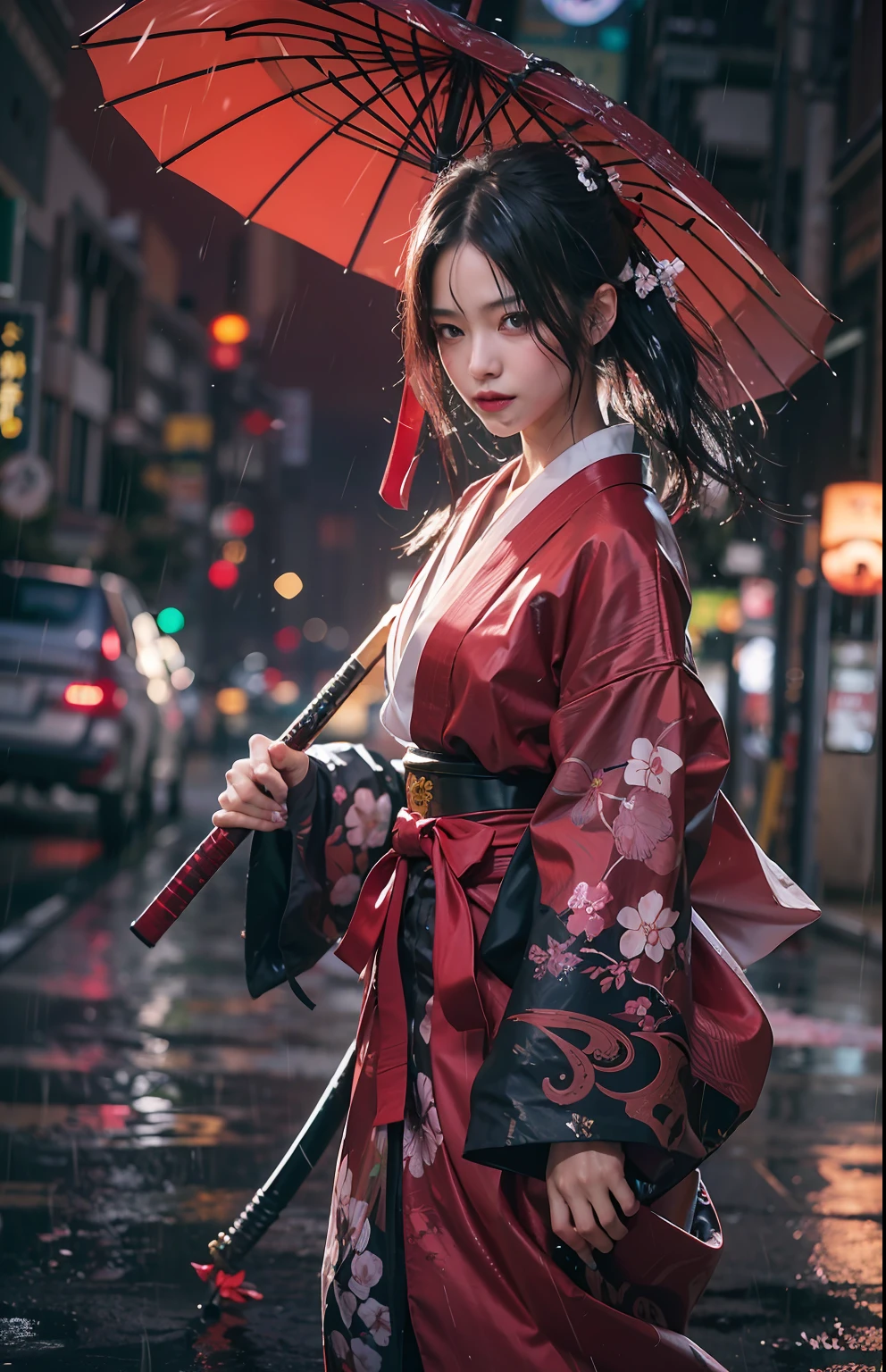 (masterpiece, high resolution, photo-realistic:1.3), stunning young woman, (flowing black hair:1.2), deep brown eyes, (samurai armor:1.2), katana sword, (ornate hilt:1.1), vibrant red and black outfit, traditional hakama, (rain-soaked street:1.2), neon-lit Tokyo skyline, glowing reflections, (glistening raindrops:1.1), dramatic cityscape, wet pavement, puddles, blurred car lights, (umbrella with cherry blossom pattern:1.2), dynamic angle, determined expression, intense atmosphere, mid-stride, side view, contrasting warm and cool colors, cinematic composition.