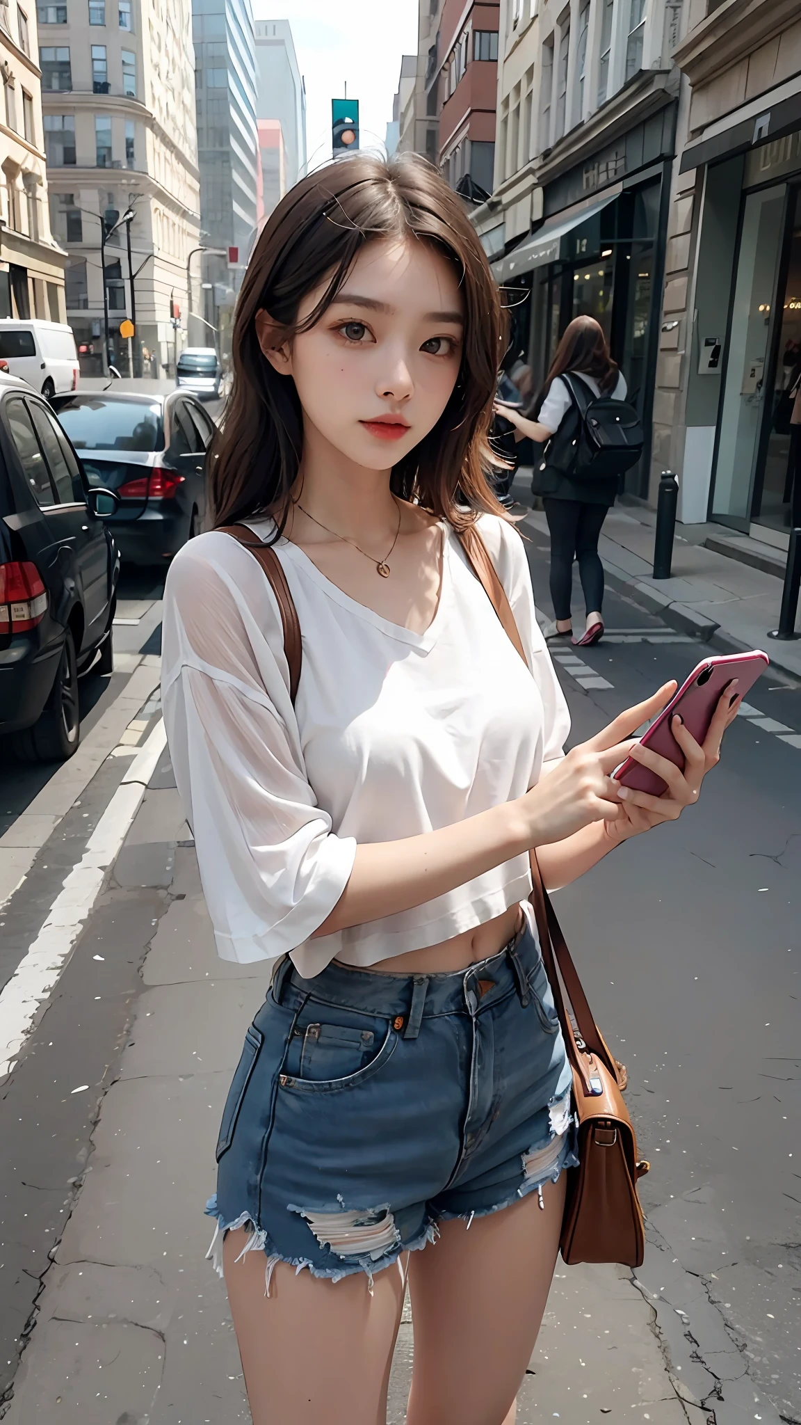 Beautiful woman, fiddling with cell phone in the middle of the street, short clothes