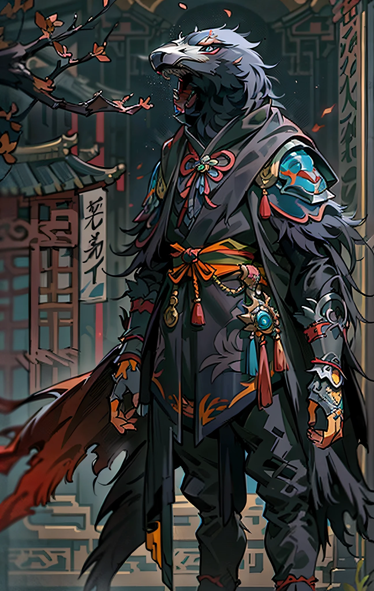 Raven Assassin, Full body like，Close-up of Raven Assassin in the city, Determined eyes，Fierce，Akira in Chinese mythology, an epic majestical degen trader, bian lian, by Yang J, Chinese Warrior, Anthropomorphic assassin crow, Son Goku, cgsociety and fenghua zhong, inspired by Li Kan, Epic Assassin Warrior, Raven Assassin, Black tattered cloak，Armour，Full body standing painting，Fantasy setting, character concept, character art, Character portrait, Cartoon, Best quality, Best resolution, 4K, Vivid colors, Vivid, High detail, best detail, confident pose, extrovert, look from down,