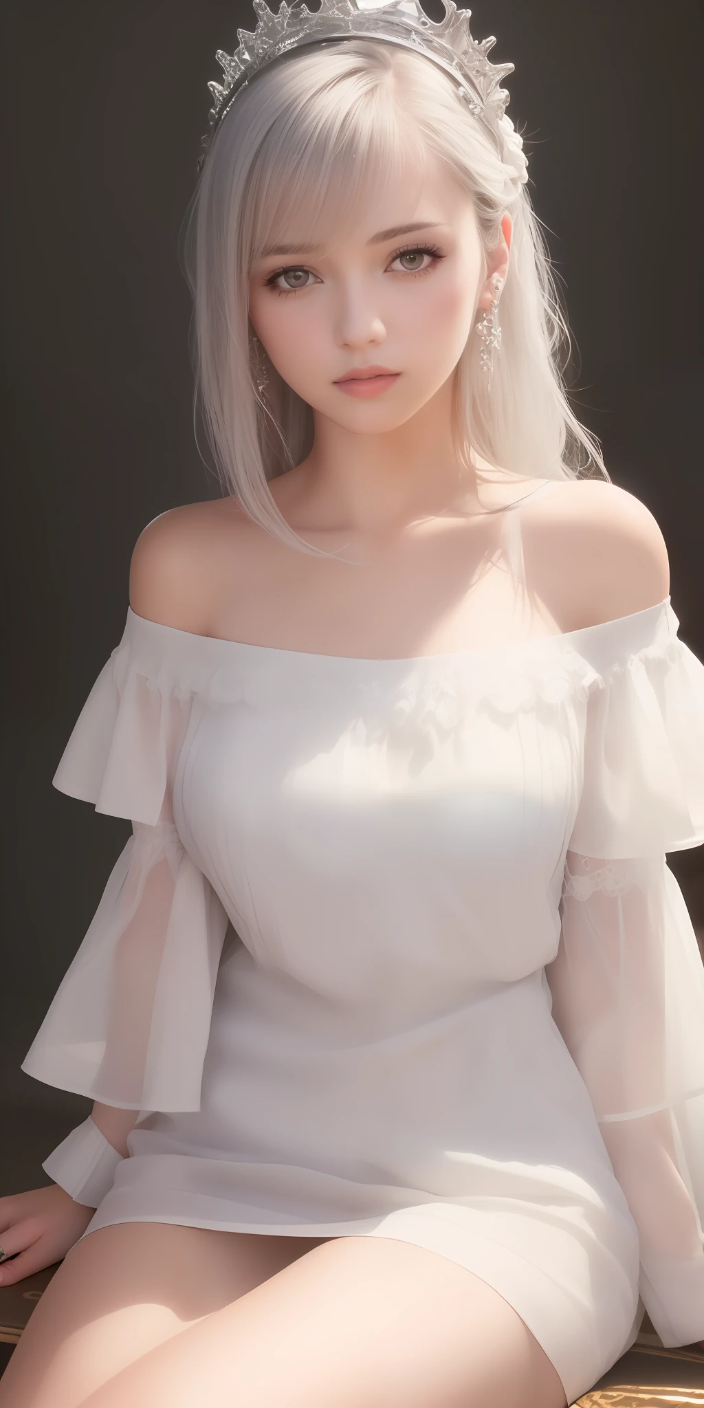 best quality,highly detailed,masterpiece,ultra-detailed,(realistic:1.2), 1girl,(white background),simple background,Delicate eyes,silver hair, purple eyes,hair_ornament,(white off-shoulder shirt:1.3),long hair,pointy_ears,crown_braid,expressionless,Straight hair,(++sitting:1.2), large breasts,