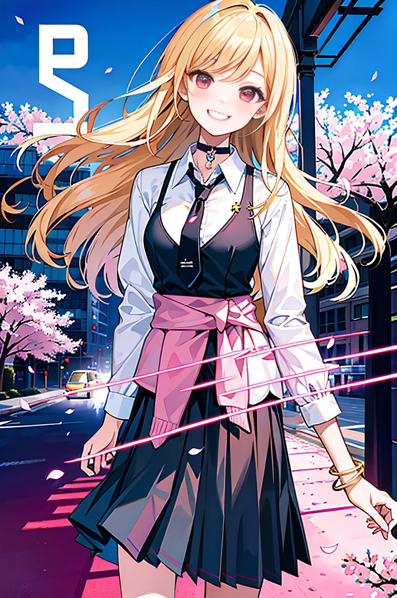 masterpiece, best quality, full body, 1girl, bangs, black choker, black necktie, blonde hair, blue skirt, blush, bracelet, breasts, choker, clothes around waist, collarbone, collared shirt, cowboy shot, dress shirt, ear piercing, eyebrows visible through hair, gradient hair, grin, gyaru, jewelry, kogal, long hair, looking at viewer, loose necktie, necktie, piercing, plaid, plaid skirt, pleated skirt, red eyes, ring, school uniform, shirt, skirt, smile, solo, white shirt, street, sky, cherry blossoms, petals,illustration, (magazine:1.3), (cover-style:1.3), fashionable, woman, vibrant, outfit, posing, front, colorful, dynamic, background, elements, confident, expression, holding, statement, accessory, majestic, coiled, around, touch, scene, text, cover, bold, attention-grabbing, title, stylish, font, catchy, headline, larger, striking, modern, trendy, focus, fashion,