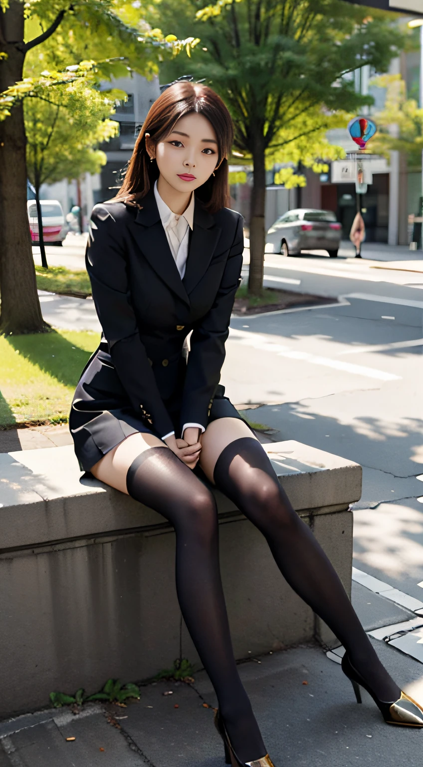 best qualtiy, Full body like，Refined face，pretty  face，25 years old woman，slimfigure，Smaller bust，office lady uniform，Office wear，black lence stockings，Outdoor Scene，Sit Pose，With gold wire eyes ，Style