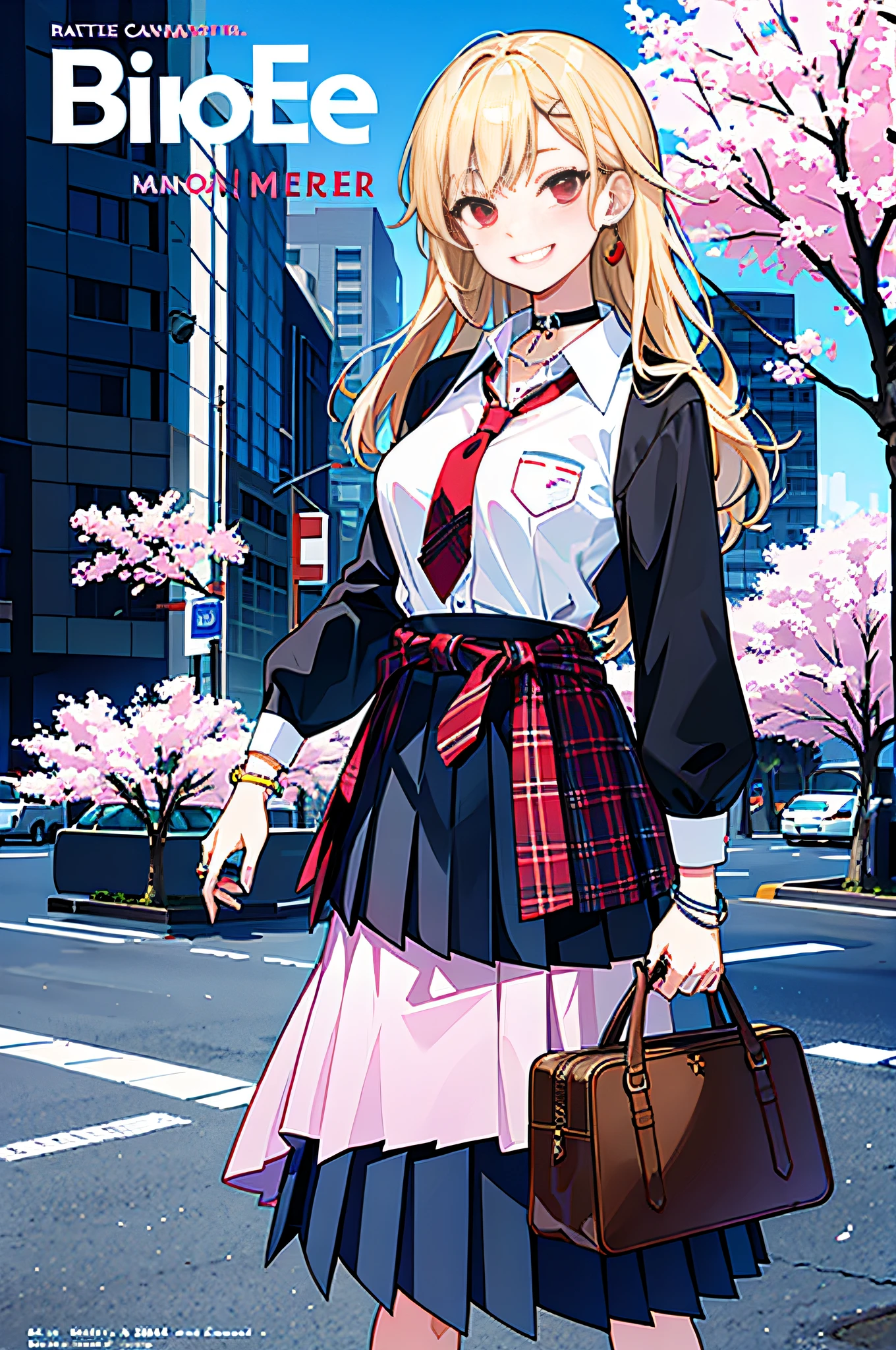 masterpiece, best quality, full body, 1girl, bangs, black choker, black necktie, blonde hair, blue skirt, blush, bracelet, breasts, choker, clothes around waist, collarbone, collared shirt, cowboy shot, dress shirt, ear piercing, eyebrows visible through hair, gradient hair, grin, gyaru, jewelry, kogal, long hair, looking at viewer, loose necktie, necktie, piercing, plaid, plaid skirt, pleated skirt, red eyes, ring, school uniform, shirt, skirt, smile, solo, white shirt, street, sky, cherry blossoms, petals,illustration, (magazine:1.3), (cover-style:1.3), fashionable, woman, vibrant, outfit, posing, front, colorful, dynamic, background, elements, confident, expression, holding, statement, accessory, majestic, coiled, around, touch, scene, text, cover, bold, attention-grabbing, title, stylish, font, catchy, headline, larger, striking, modern, trendy, focus, fashion,