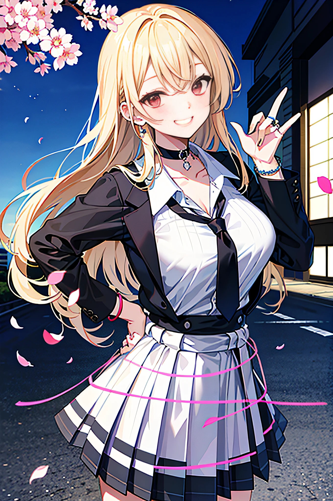 masterpiece, best quality, full body, 1girl, bangs, black choker, black necktie, blonde hair, blue skirt, blush, bracelet, breasts, choker, clothes around waist, collarbone, collared shirt, cowboy shot, dress shirt, ear piercing, eyebrows visible through hair, gradient hair, grin, gyaru, jewelry, kogal, long hair, looking at viewer, loose necktie, necktie, piercing, plaid, plaid skirt, pleated skirt, red eyes, ring, school uniform, shirt, skirt, smile, solo, white shirt, street, sky, cherry blossoms, petals,illustration, (magazine:1.3), (cover-style:1.3), fashionable, woman, vibrant, outfit, posing, front, colorful, dynamic, background, elements, confident, expression, holding, statement, accessory, majestic, coiled, around, touch, scene, text, cover, bold, attention-grabbing, title, stylish, font, catchy, headline, larger, striking, modern, trendy, focus, fashion,