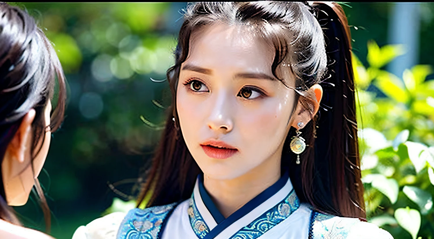 Close-up of a person looking at another person with a hairstyle, Cai Xukun, trailer park, highlight scene of the movie, tang mo, xianxia fantasy, nanquan, Chiba Yuda, su fu, xianxia hero, Middle Metaverse, Yan, Wang Chen、chineseidol、quaint、long whitr hair、Ancient wind、the Tang Dynasty,