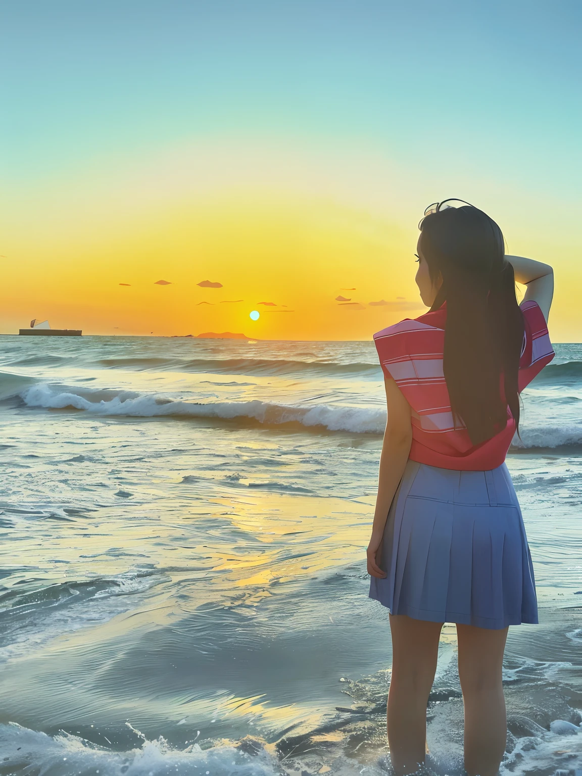 There was a woman standing on the beach looking at the sea, girl looking at the ocean waves, With sunset, at a beautiful sunset, girl watching sunset, watching the sunset, with a sunset, at the beach on a sunset, at beach at sunset, looking out at a sunset, beautiful girl on the horizon, on the beach during sunset, Looking at the sunset An absolutely mesmerizing sunset on the beach，The sky is mixed with orange、Pink and yellow。The sea is crystal clear，Kissing the shore tenderly，The white sand stretches as far as the eye can see。The scene is full of movement，breath-taking，Seagulls soar high in the sky，Palm trees sway gently。Soak up the calm atmosphere，Let tranquility envelop you。The image of the girl is preserved without adjustment