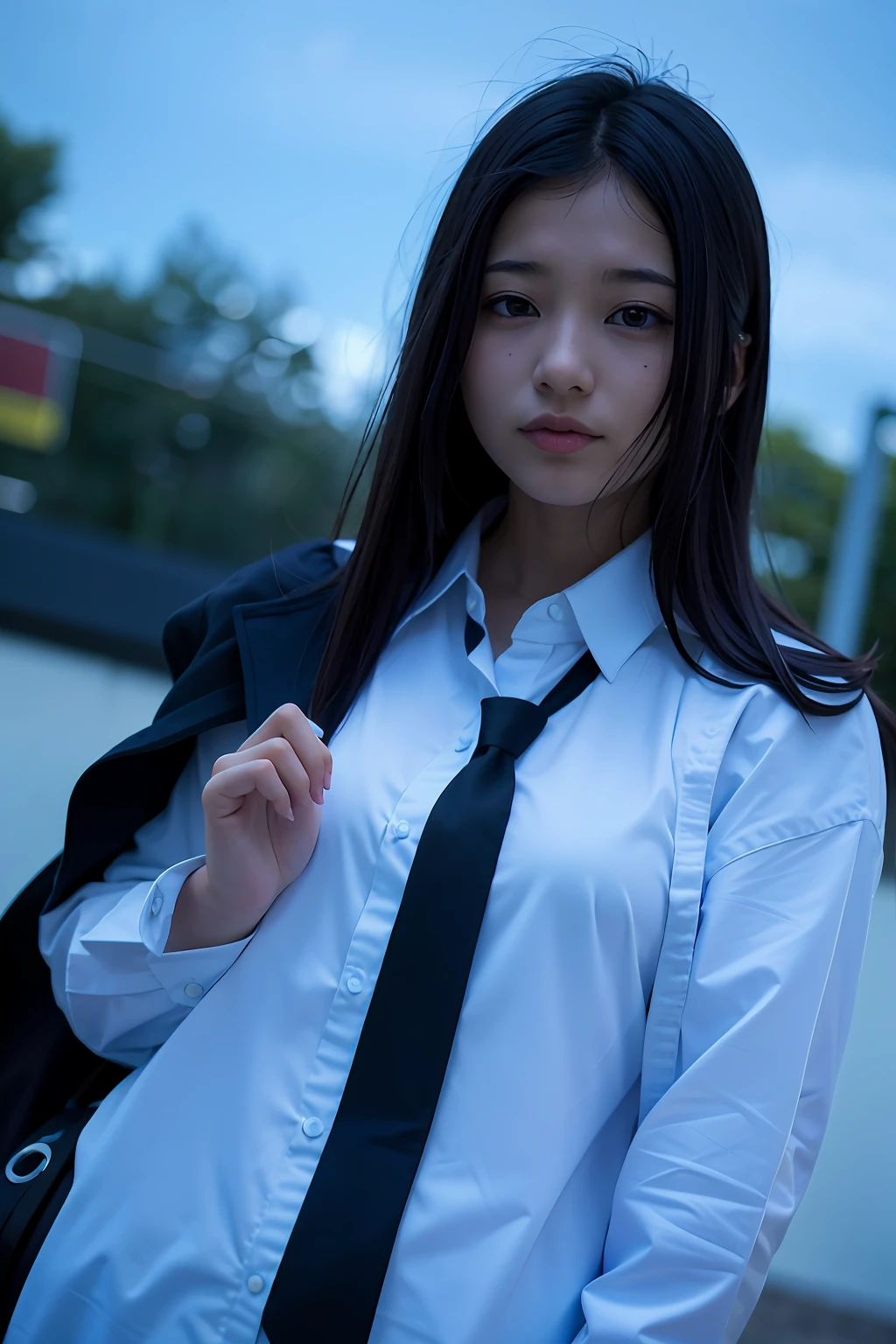 there is a woman with a white shirt and a black tie,girl in uniform,Surrealism female students,Female Student,Shot with the Canon EOS 5D, Surrealism female students, taken with a canon eos 5d,taken with a canon eos 5d, Girl in suit,teenage female schoolgirl,in school uniform,Young Asian girl,portrait of high school girl。 --auto