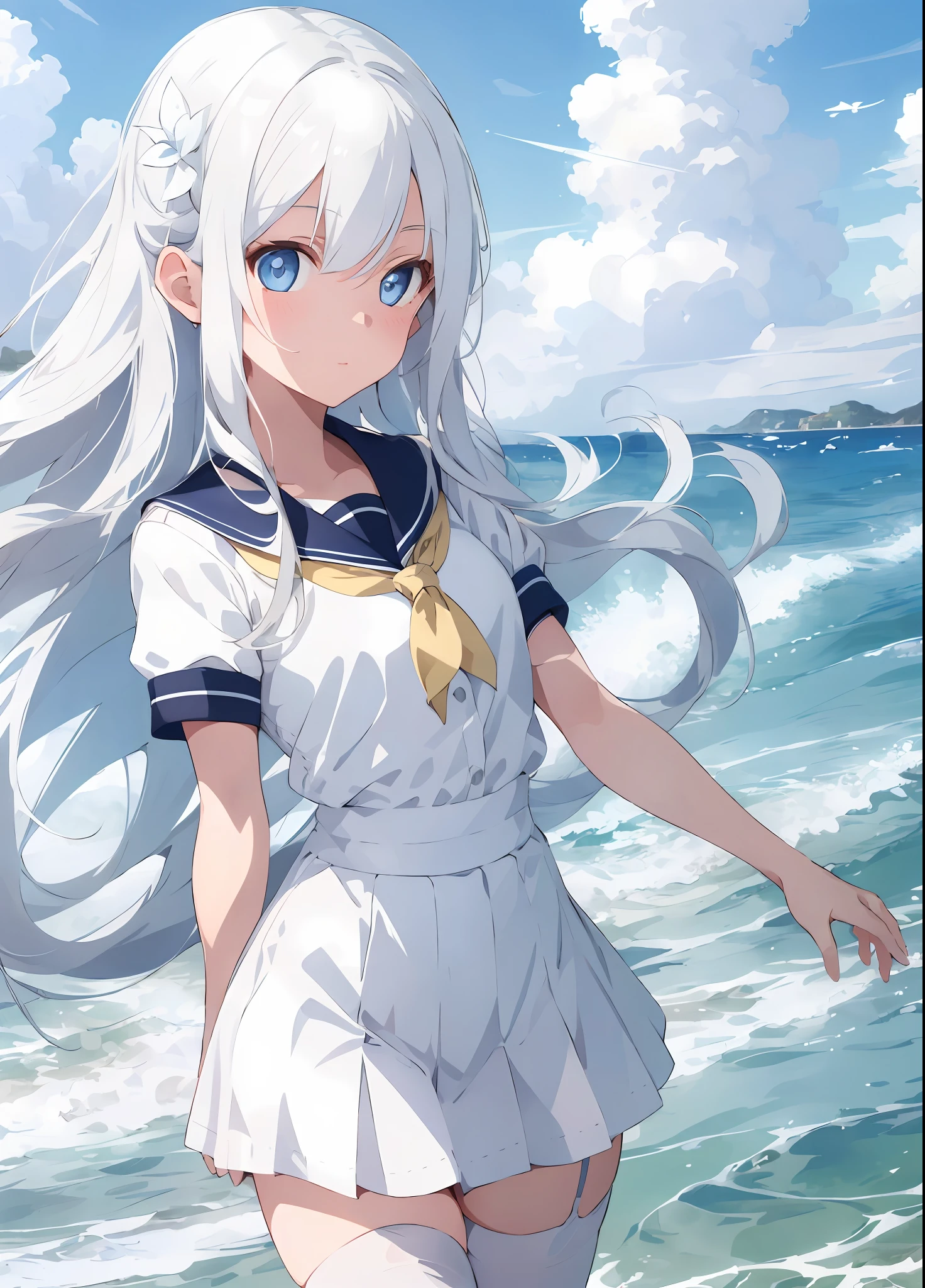 1girl, beautiful detailed eyes, long white hair, light blue eyes, school uniform, high white stocking, lustrous skin, seaside, beach, waves, high contrast, ((masterpiece, best quality))