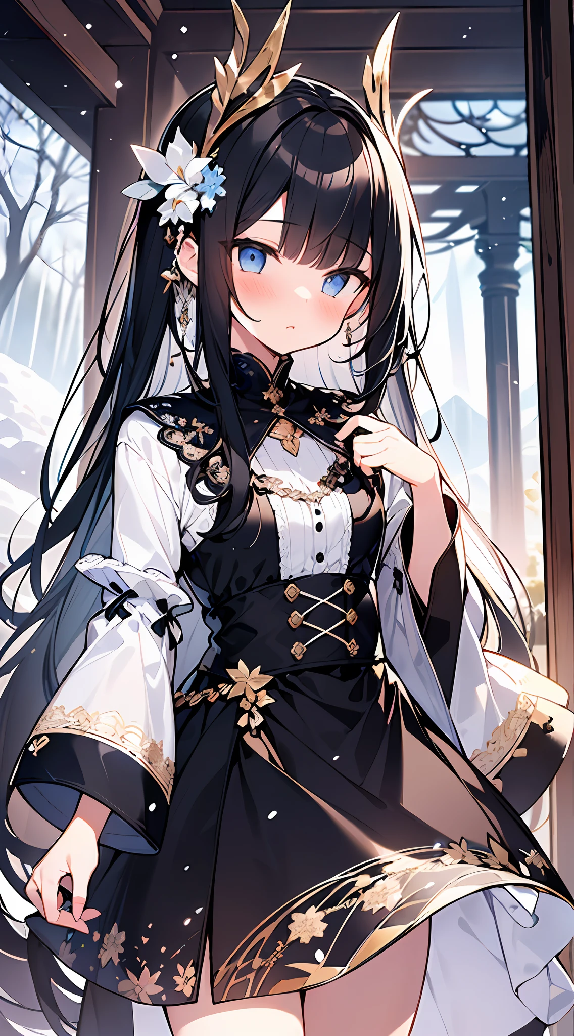 extremely detailed CG unity 8k wallpaper,masterpiece,best quality,ultra-high resolution:1.5), (cinematic),(((incredibly absurdres absolutely cute, loli))), ((flustered gesture, ultimate surprised expression:1.4 )),shaped eyes, hair ornaments,long skirt BREAK stunning views, magnificent views , intricate details,hyper detail, ((beautiful black hair)),sharp outline BREAK absurdres, highres, ultra detailed, (1girl:1.3),CCreate a breathtaking snowy landscape, with snow-capped mountains, frosty trees, and a crisp winter air
BREAK ,(((best quality,textile shading,ultra detailed))),extremely detailed,Highly Detailed beautiful and aesthetic,best light,high resolution,detailed,dynamic lighting,super detailed skin,intricate details, hyper detail, sharp detail,detailed, highres, intricate details,
(very wide:1.3),(panorama view:1.3),(sense of depth:1.5),(long shot:1.3),(magnificent),((A small character illustration with the background as the focus))