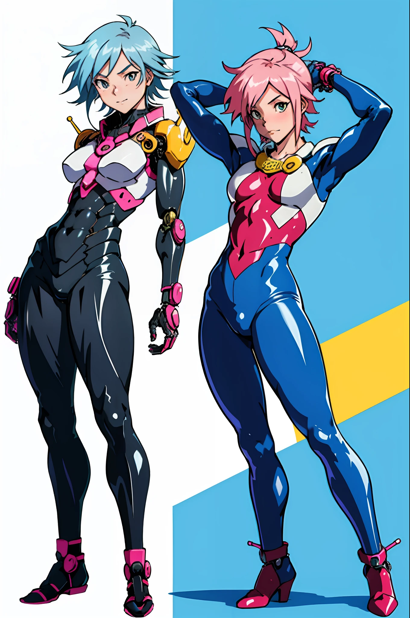 Latex anime girl posing for photo, biomechanical oppai, Pink and black costume, Anime Girls,proportion, two beautiful anime girls, Ecchi anime style, Ecchi style,
