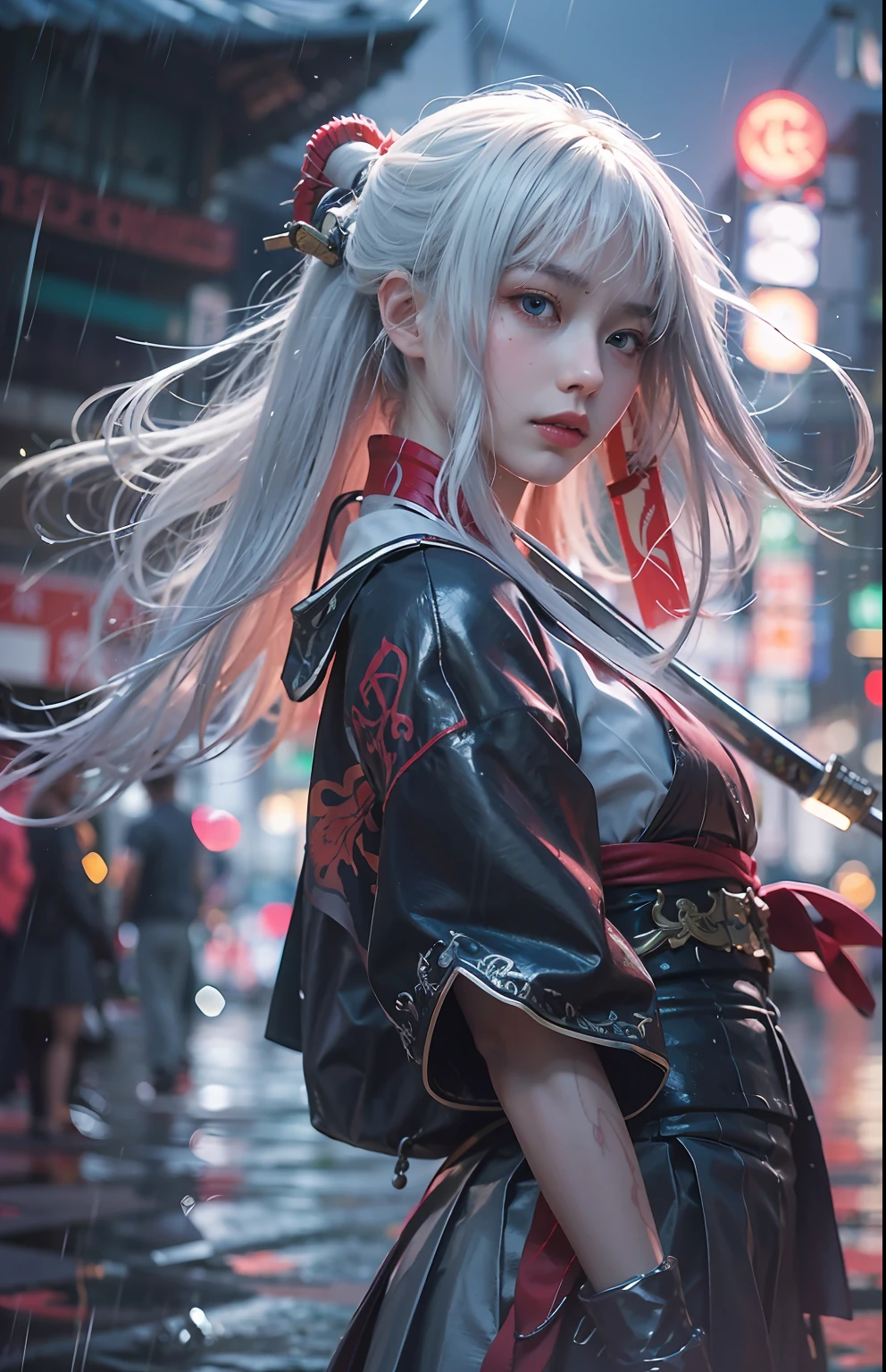 (masterpiece, best quality, CG:1.2), breathtaking schoolgirl, (long silver hair:1.1), piercing blue eyes, (samurai school uniform:1.2), crimson obi, (gleaming silver katana:1.3), pouring rain, wet streets of Tokyo, (shimmering reflections:1.2), blurred city lights, towering skyscrapers, (futuristic neon signs:1.1), misty atmosphere, (umbrella with dragon motif:1.2), fierce expression, dynamic stance, mid-swing, splashing water, intense action, moody color palette, epic battle scene, cinematic angle, looking at viewer.