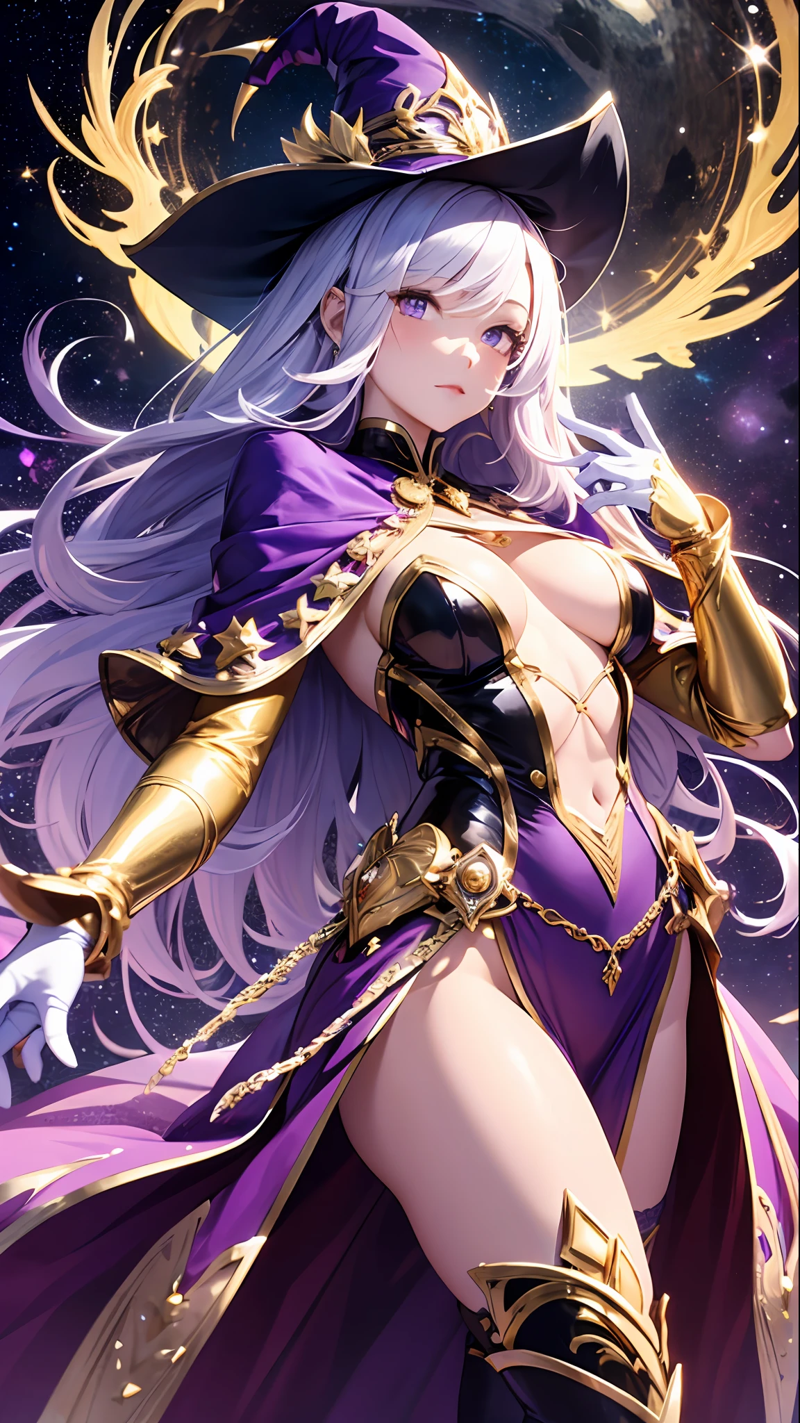 1girll, sorceress woman,red pupils,Gorgeous Hair in Long Purple,flowy,crisp breasts,Toned Thighs,Red tattoo on the thigh,Purple wizard hat,Golden decoration,Purple bandeau dress,Golden decoration,White long-sleeved gloves,White lace knee-length boots,Surrounded by purple tulle,He held a ruby encrusted wand in his hand,starrysky,kosmos,magicle world,Detailed background,Clothing details,perfectly proportioned, Cinematic lighting, filmgrain, Fuji colors, lightand shade contrast, 8K, 巨作, Textured skin, Super detail, high detal, high qulity, A high resolution,