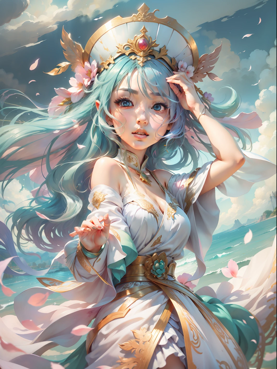 Best image quality、Unique painting style、超詳細、Beautiful CG Unity 8K wallpaper、Beautiful and delicate、flowy、A high resolution、Dynamic Angle、Dynamic pose、1个Giant Breast Girl、eBlue eyes、[Colorful hair+silber hair:1.3+redheadwear:1.2+Purple hair big breasts+Yellow-haired:1.3+Green hair:1.3]、White martial arts costume、Neck strap、Beautiful face、drippy、​​clouds、eventide、Great view、the watercolor style