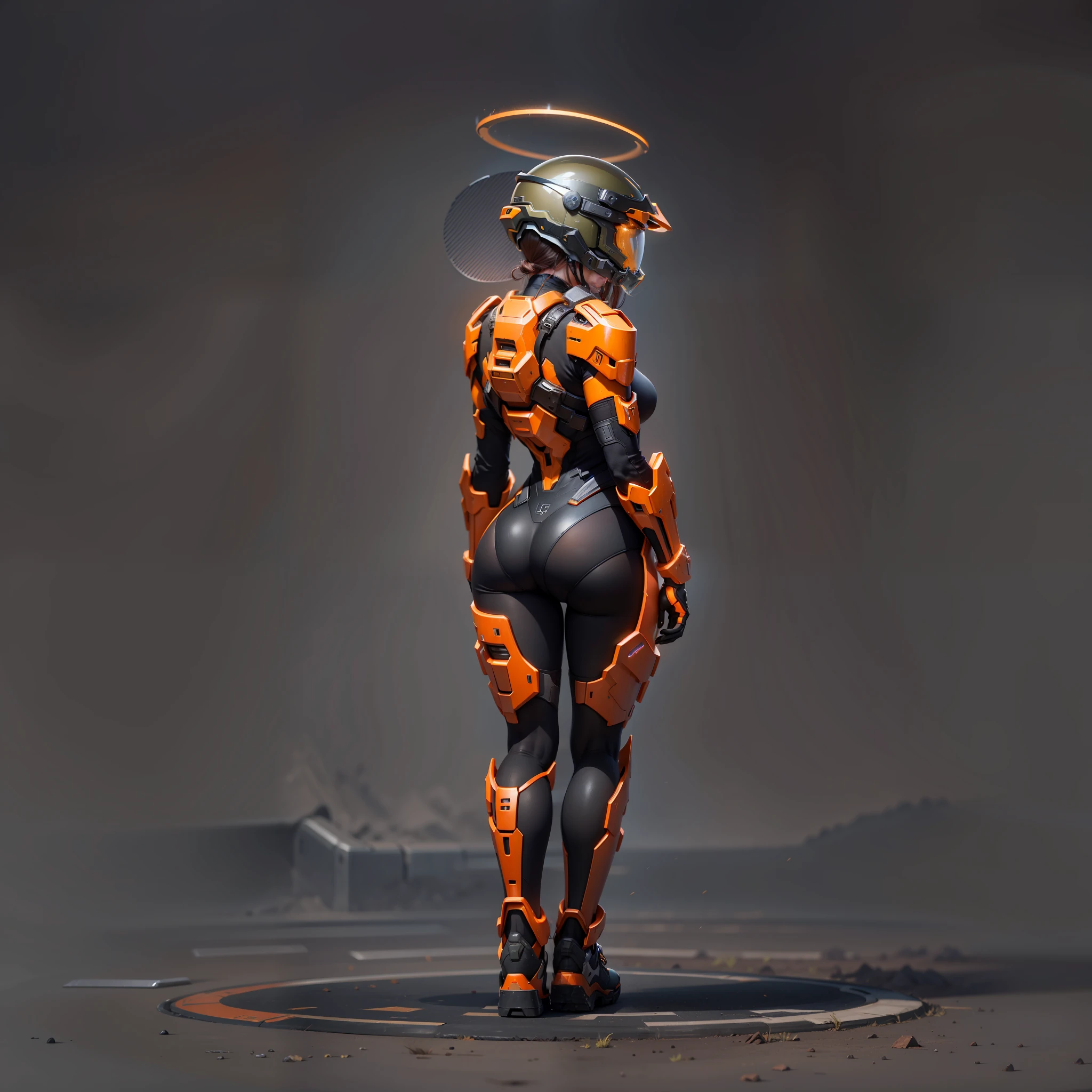 halo,only one girl,Black tights,The surface is covered with orange armor,Very long legs,standing on your feet,Full body photo,Back,helmet,The butt is round,The butt is black,8k