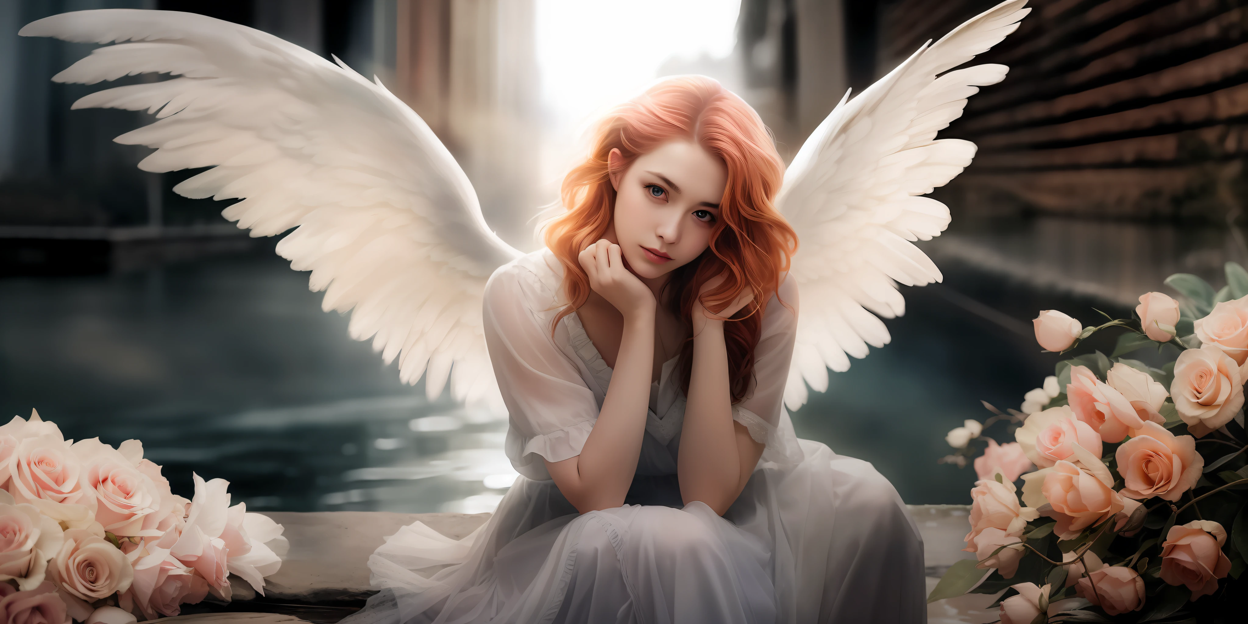 There was a woman with red hair and white wings sitting by the river,surrounded by flower, of an beautiful angel girl,, Portrait of a beautiful angel, Beautiful digital artwork, Angelic, winged girl angel, beautiful digital art, beautiful angelical wings,Medium photography,natural soft light,rendering by octane,Movie lighting,A high resolution,Photorealistic rendering,Photorealsitic,Soft lighting,