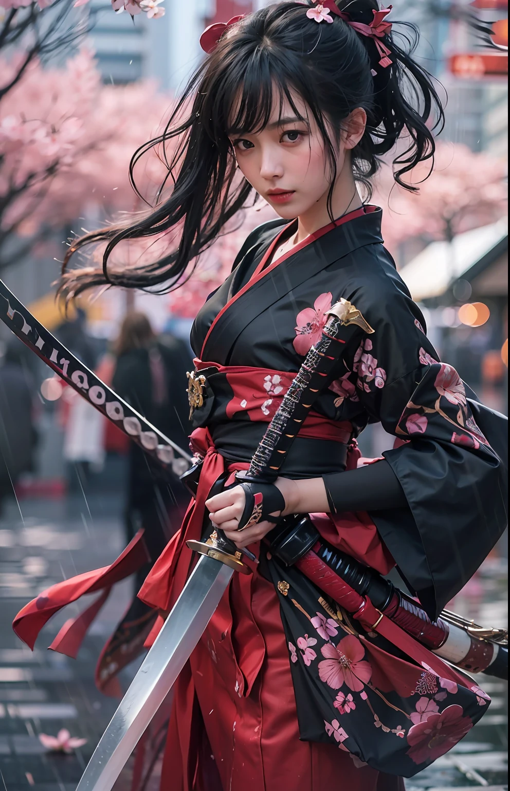 (masterpiece, high resolution, photo-realistic:1.3), stunning young woman, (flowing black hair:1.2), deep brown eyes, (samurai armor:1.2), katana sword, (ornate hilt:1.1), vibrant red and black outfit, traditional hakama, (rain-soaked street:1.2), neon-lit Tokyo skyline, glowing reflections, (glistening raindrops:1.1), dramatic cityscape, wet pavement, puddles, blurred car lights, (umbrella with cherry blossom pattern:1.2), dynamic angle, determined expression, intense atmosphere, mid-stride, side view, contrasting warm and cool colors, cinematic composition.