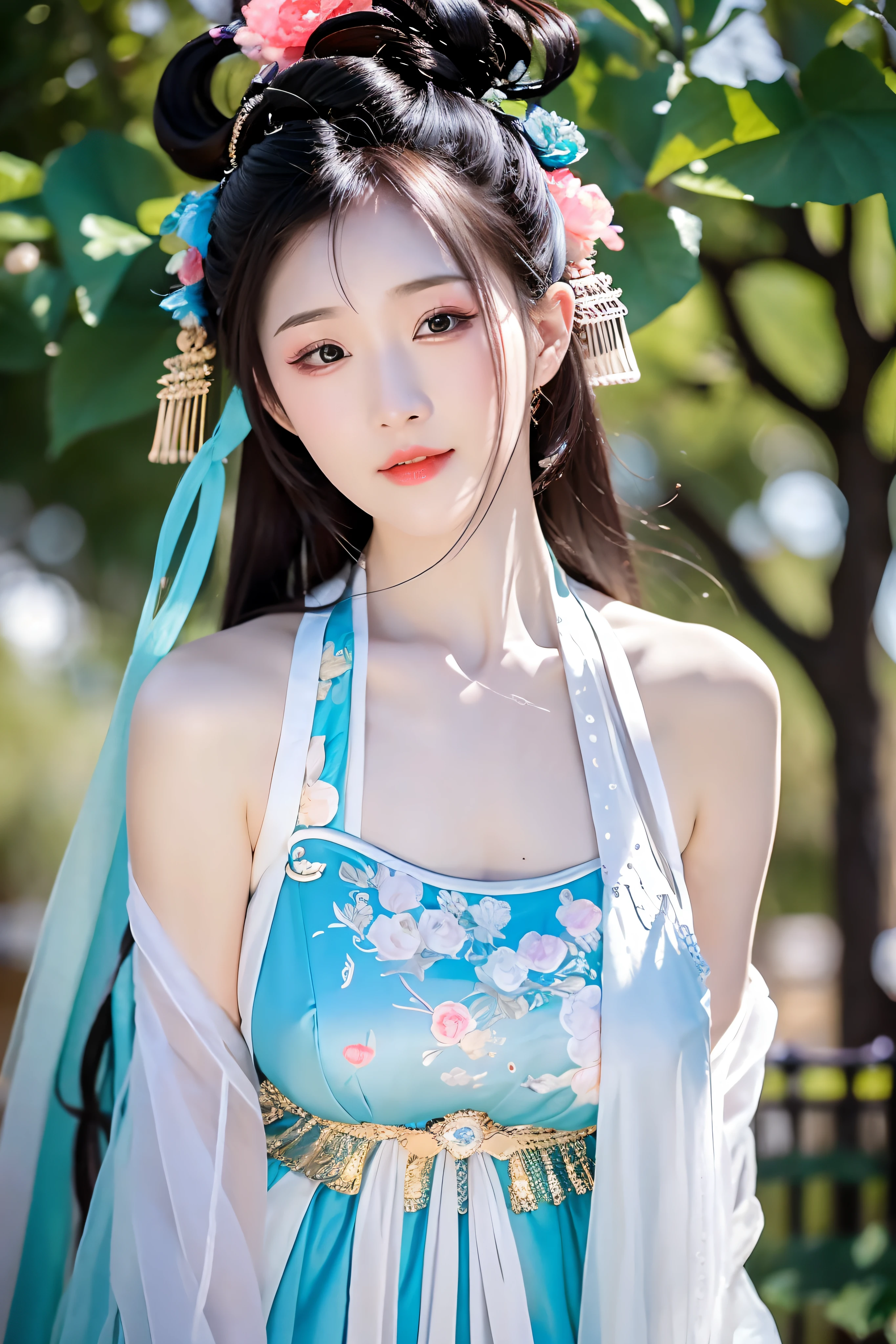 ulzzang-6500-v1.1, (raw photo: 1.2), (photorealistic: 1.4)) best quality, beautiful, beautiful, beautiful, extremely detailed, CG, unity,8k amazing wallpaper, beautiful detail, masterpiece, best quality, official art, very detailed CG unity 8k wallpaper, ridiculous, unbelievably ridiculous, huge file size, super detailed, high resolution, very detailed, beautiful detailed girl, very detailed eyes and face, beautiful detailed eyes, movie lighting, 1 girl, perspective, looking at the audience, full body, full body photo, outdoors, hands behind your back, (Hanfu)