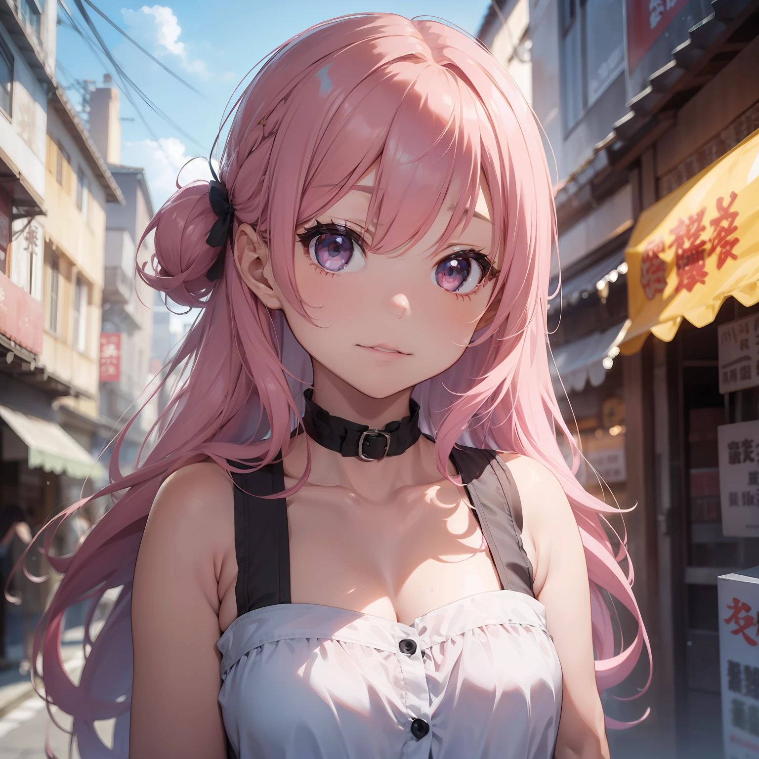top-quality、8K，Girl with pink hair、length hair、Sleeveless dress、somen noodles