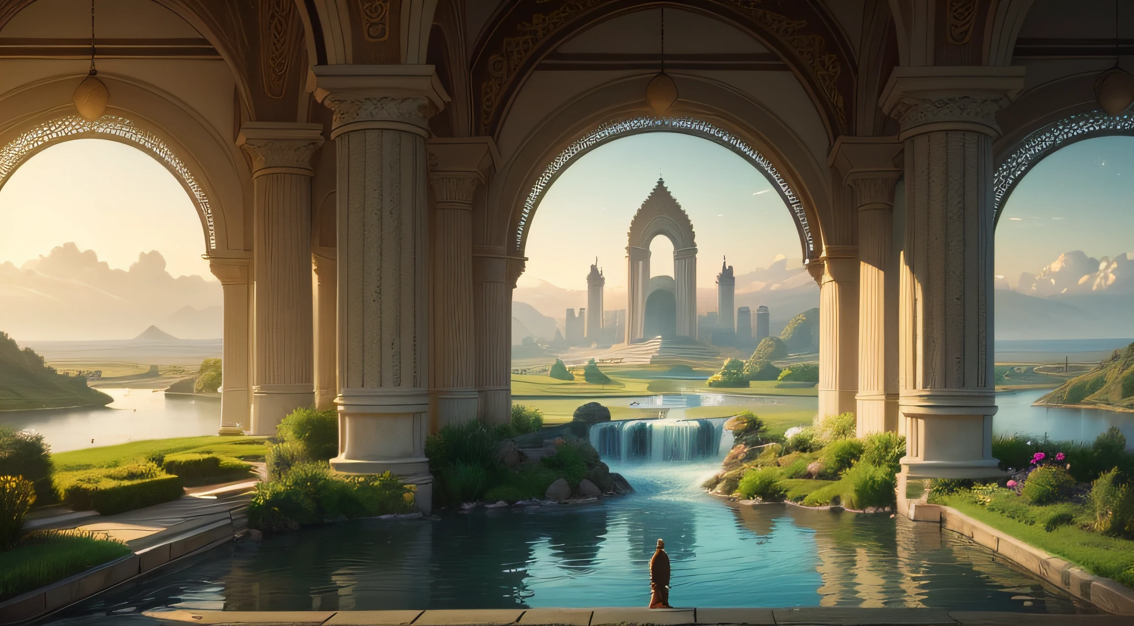 Create an image capturing the scene in the Garden of Eden from Genesis 2:11-20. Visualize the four rivers flowing, symbolizing the abundance and beauty of God's creation. Show the Pishon flowing around the land of Havilah, where precious gold, bdellium, and onyx stone are found. Illustrate the Gihon, encircling the land of Cush, and the Tigris and Euphrates flowing through their respective regions.

In the center of the image, depict the serene and lush Garden of Eden, with Adam in the midst of it, representing his role as the first man created by God. Emphasize the harmony and balance in nature as Adam lovingly cares for and names each living creature, showcasing the bond between humankind and the animal kingdom.

Illustrate God's intervention as He realizes that it is not good for man to be alone. Show God creating Eve as a helper and partner for Adam, reflecting the divine plan for companionship and unity in the world.

Use a rich color palette to portray the beauty of the garden and the rivers, and create a sense of tranquility and peace in the image. The scene should evoke a feeling of awe and wonder at the beauty of God's creation, highlighting the significance of human relationships and stewardship over nature in the Garden of Eden. --auto