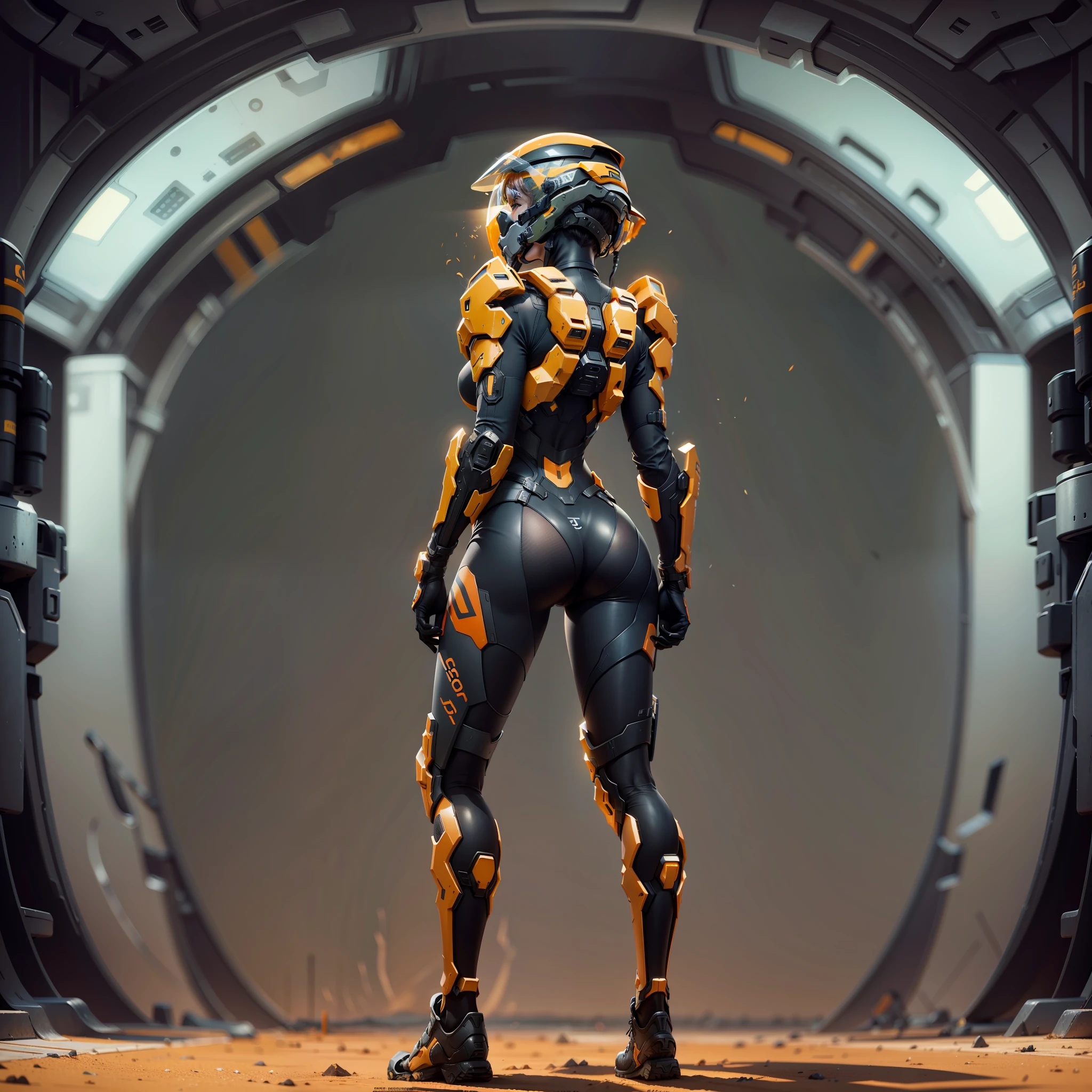 halo,only one girl,Black tights,The surface is covered with orange armor,Very long legs,standing on your feet,Full body photo,Back,helmet,The butt is round,The butt is black,8k