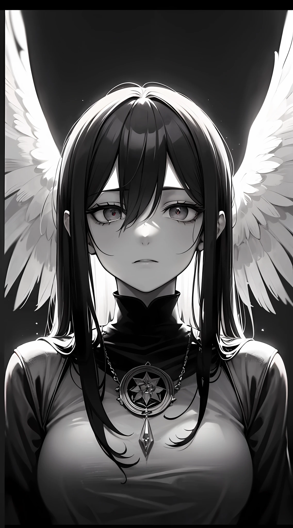 tmasterpiece,Portrait of an angel in prayer,Evil countenance,Three eyes,Close your eyes,Black and white wings,A frame eroded by darkness and light,face expressionless,Disdainful eyes