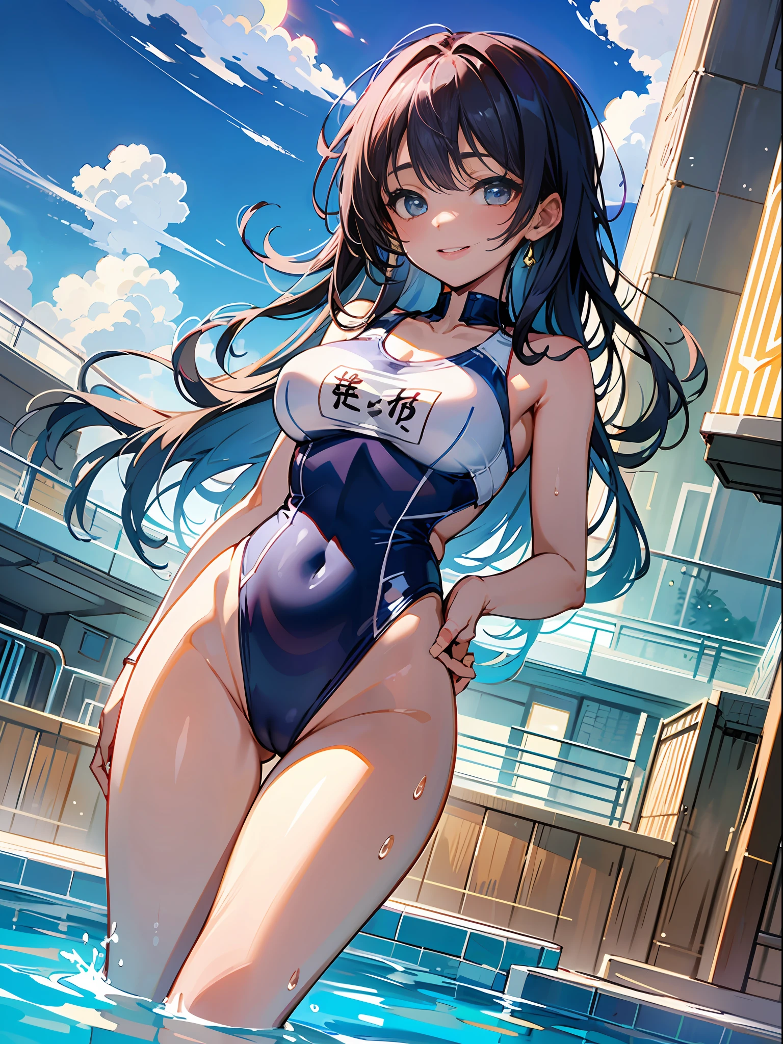 masterpiece、ultra-quality、ultra-detailliert、Perfect drawing、Solo、girl with、((Cute swimsuit))、Competitive swimsuit((High leg cut:1.5))、(round and big buttocks)、((Pose with buttocks sticking out))、(((bulging bust top)))、red blush:(0.2)、perspiring、darkskin:1.5)、(Cute smile)、18year old、blue-sky、cumulonimbus clouds、glowing sun、Swimming pool、(Shot from diagonally below the back)、beatiful backgrounds、Accurate drawing、Detailed drawing