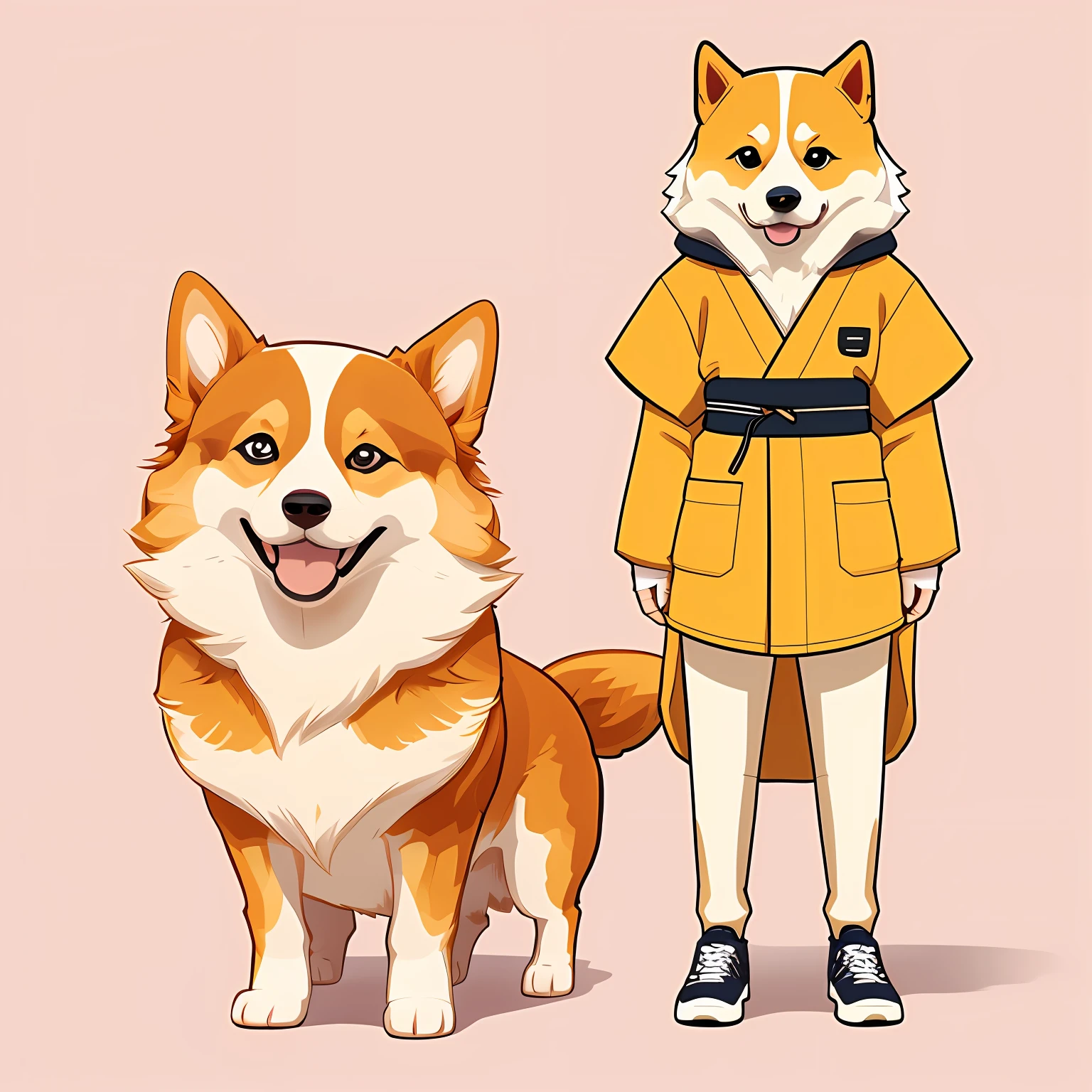 A corgi with a sense of technology, Anthropomorphic Shiba Inu, japanese dog, Cute dog, cute character, Cute cartoon character, Stylized wolf - similar appearance, anthropomorphic dog, aniswear, japanese mascot, cartoonish vector style, cute toy, shiba inu face，There are feet and hands，Want an IP image，Being able to stand like a human