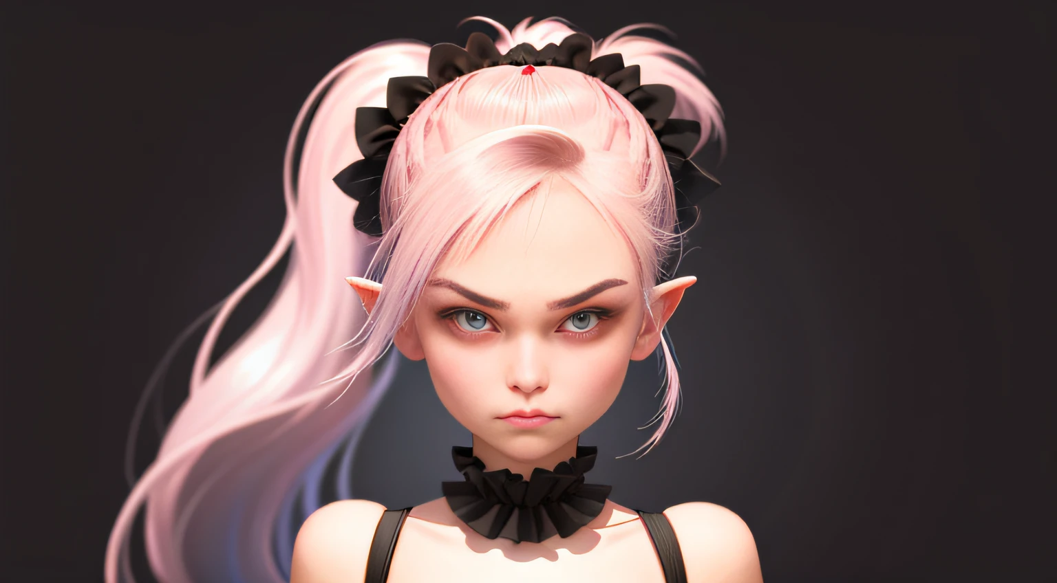 hair bobbles, wince, long eyelasher, solid circle eyes, Ear blush, Fang, braidedponytail, watered eyes, covering ears, Pout, shadowing, anaglyph, stereograms, tachi-e, angle of view, Upper body perspective, surrealism, stereograms, character sheets, Cowboy shot, Bokeh, ccurate, Best quality, hyper HD,bit girl