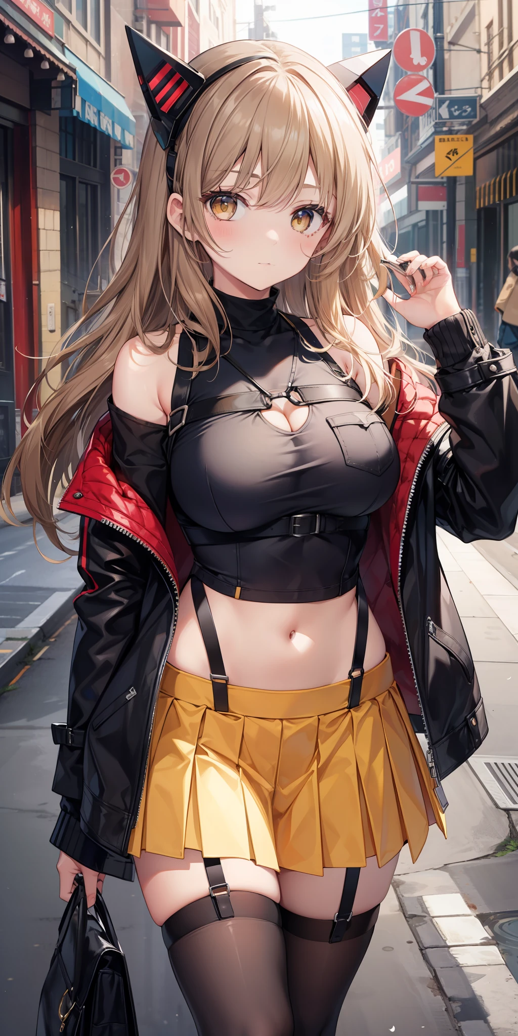 masterpiece, best quality, Tall, clearire2, 1girl, Sister Cleaire, alone, long hair, open clothes, black skirt, Black Stockings, long sleeves, chest harness, open jacket, black shirt, two sides up, black overcoat jacket, fringe, crop top, miniskirt, paddles, headgear, O-Ring, midriff, light brown hair, yellow eyes, off shoulder, big breasts, thigh strap, pleated skirt, Suspenders eyes, brown eyes, cropped shirt, street, mask, stand, hand in pocket,