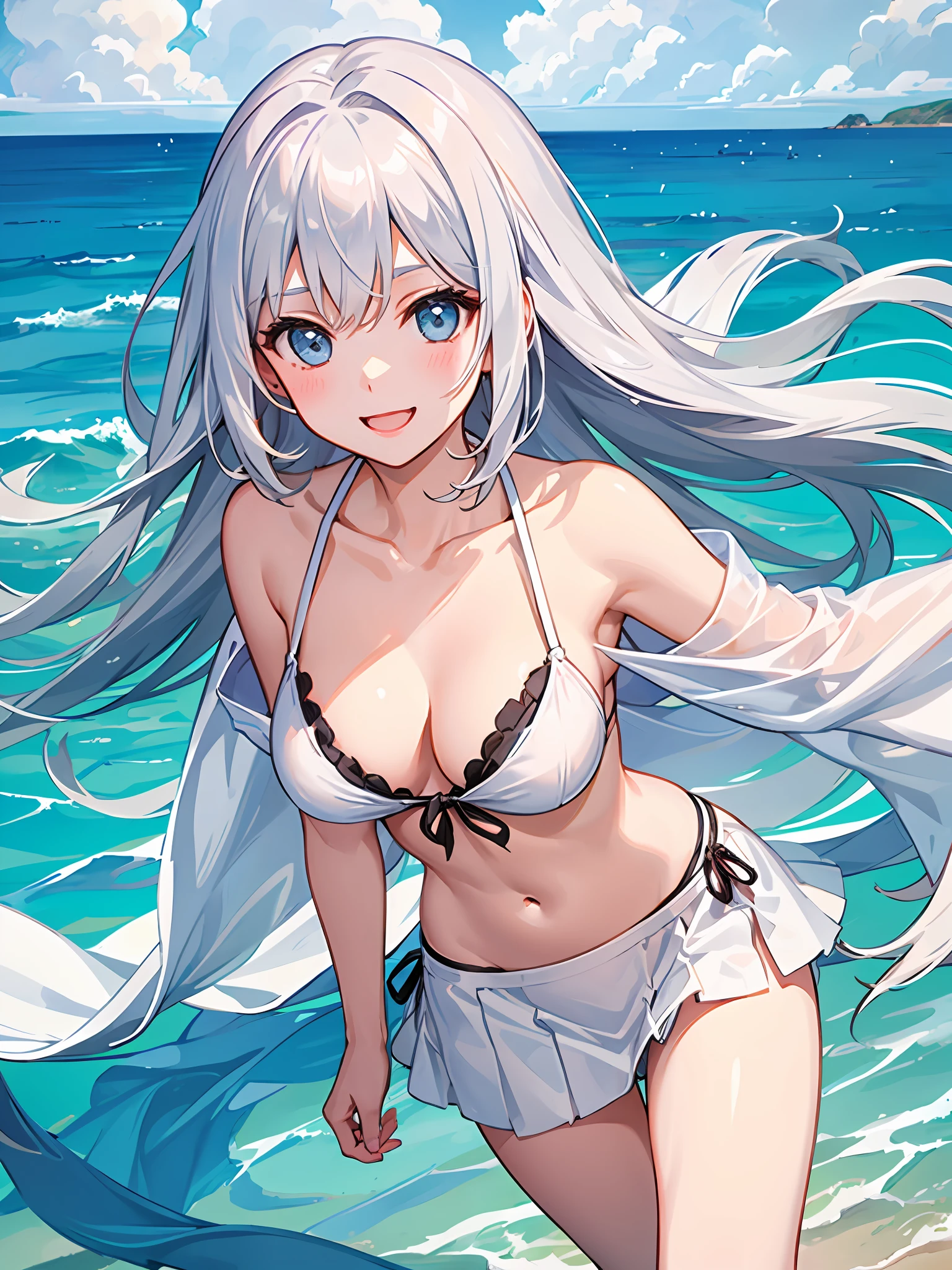 girl with、sea side、Frolic、White Bikini、Silver hair、A smile、A delightful、masterpiece、top-quality、The ultra -The high-definition、Top resolution、ighly detailed、Getting into the sea、Paleo skirt、lighting like a movie