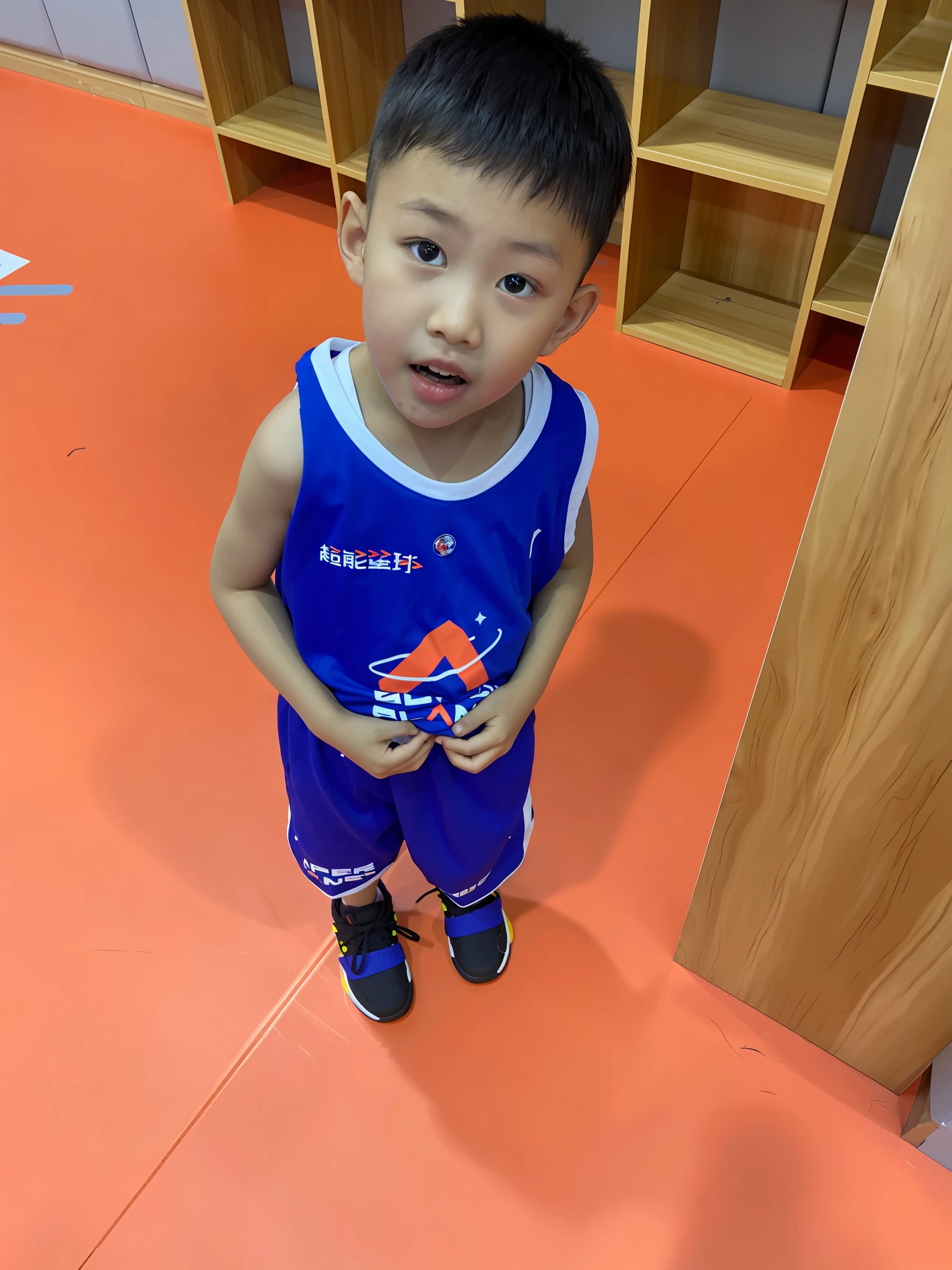 There was a  in a blue shirt standing in the room, wearing basketball jersey, dribble contest winner, jinyiwei, taken with sony alpha 9, kid, Shot on Canon EOS R 6, 2 years ol, with a child, wearing track and field suit, wenjun lin, nanquan, 5 years old