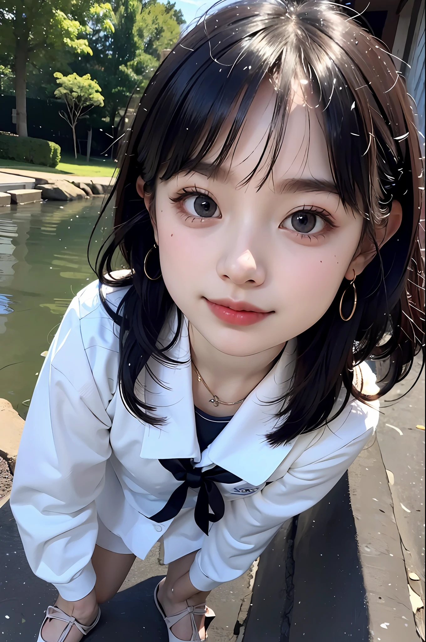 (8K,best qualtiy,tmasterpiece:1.2),(realisticlying,realisticlying,photo-realistic:1.37),Hyper-detailing,beatiful detailed eyes,Beautiful detail nose,(((2girls))),a sailor suit,Town,small bridge flowing water,flagstone road,Stone room,ssmile,upperbody closeup,(standing on your feet)baik,blond hairbl