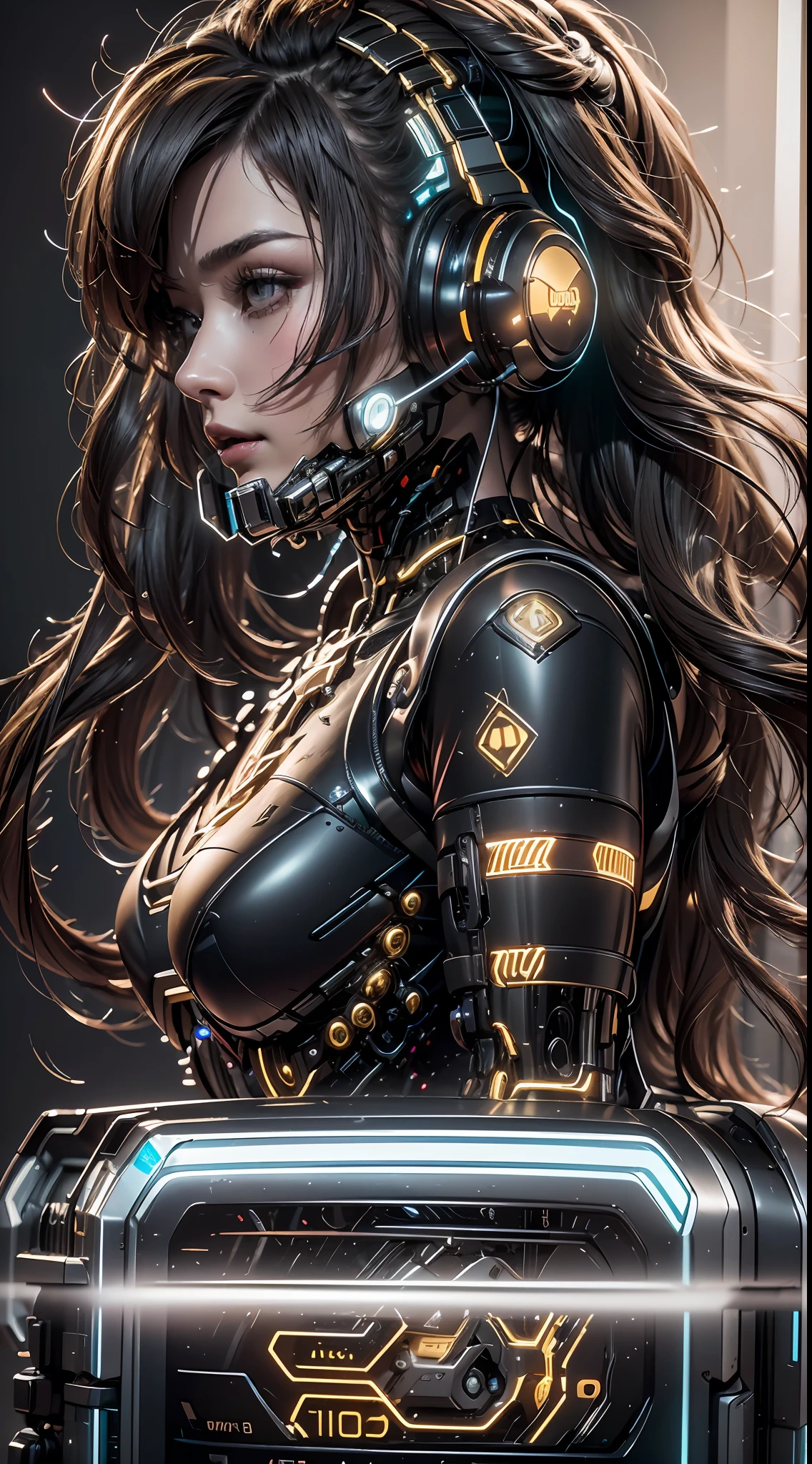 1girll，Perfect facial features，delicated face，(cyber punk perssonage:1.3)，Put on a black-gold titanium mech，Cyberpun overcomes，Bring headphones，shelmet，Super complex helmets and headphones，Illuminated helmet and headphones，glowing jewelry，Glowing earrings，Glowing necklace，inside in room，Electronic wire background，best qualtiy，tmasterpiece，Movie filter presets，movie level lighting，c4d渲染，rendering by octane，Realistic metal surface，((Brushed metal surface texture))，((with light glowing))，Glow，(fully body photo:1.5)，(Mechanical heels)，High chiaroscuro，