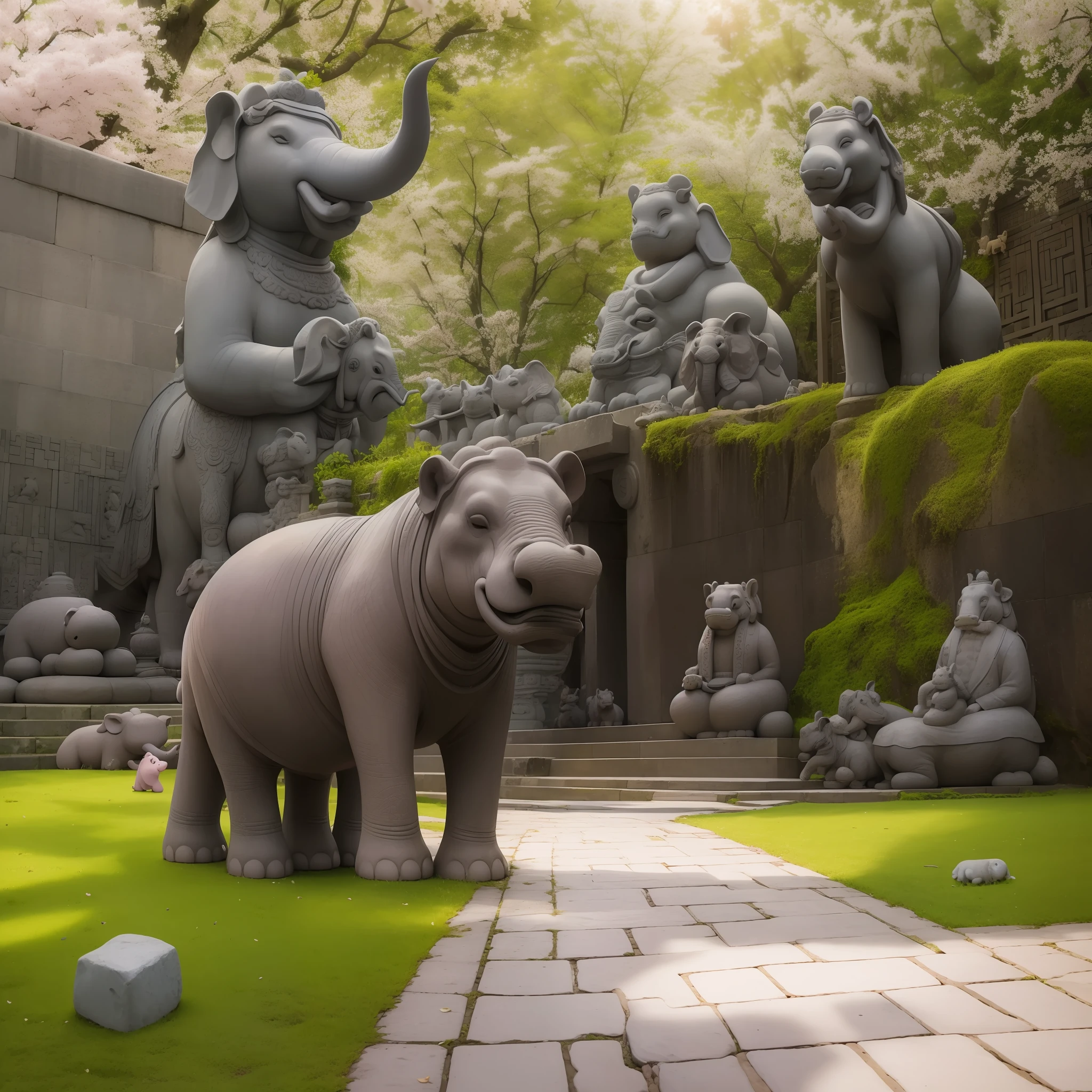 100 small stone elephants/hippo/cavalos/edgBunny/giraffes/Doggy/Cat cat/pecora/Pig/Critters,Each has a different expression movement,ssmile,Stone texture details,Background Xiamen Temple,Faraway view,nevando,Sunlight,cherry blossom,moss,Passers-by pray,Shrines