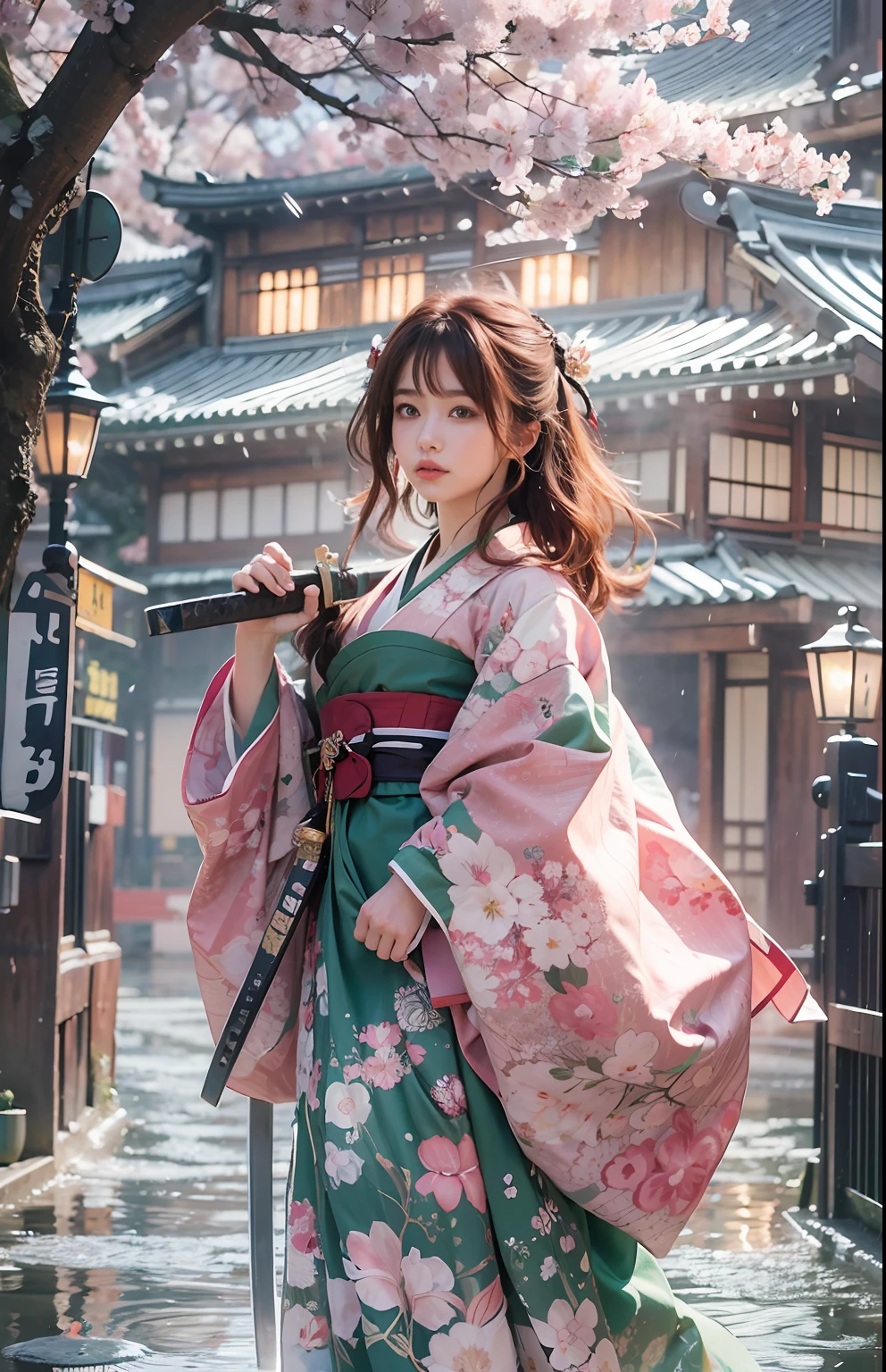 (masterpiece, high resolution, illustration:1.3), mesmerizing schoolgirl, (flowing auburn hair:1.2), emerald green eyes, (traditional samurai garb:1.1), sakura-themed kimono, (dual-wielding katanas:1.3), ancient stone-paved street, Tokyo during cherry blossom season, (petals fluttering in rain:1.2), misty ambiance, (illuminated lanterns:1.1), cozy storefronts, traditional wooden houses, (tranquil water reflection:1.2), contemplative expression, serene atmosphere, gentle raindrops, diagonal composition, top-down perspective, dreamlike color scheme, poetic storytelling.