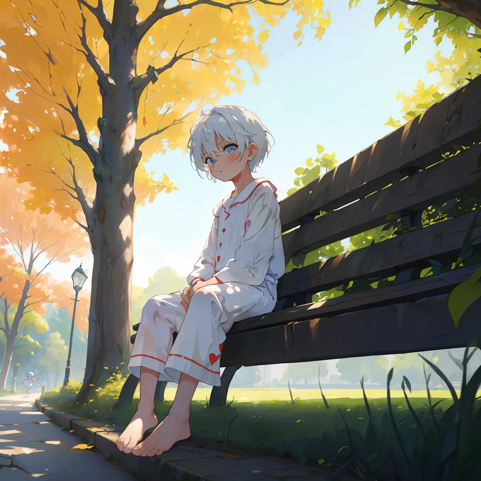 4K), Cute 7 year old little boy with white hair and barefoot and romper pajamas, He sits on a bench in the park and shows his feet, und betet, Regentag, Nebel Licht, regen, Impressionismus, 2D, (Dornen: 1.1), (toter Baum: 1.1) Focused on the feet,