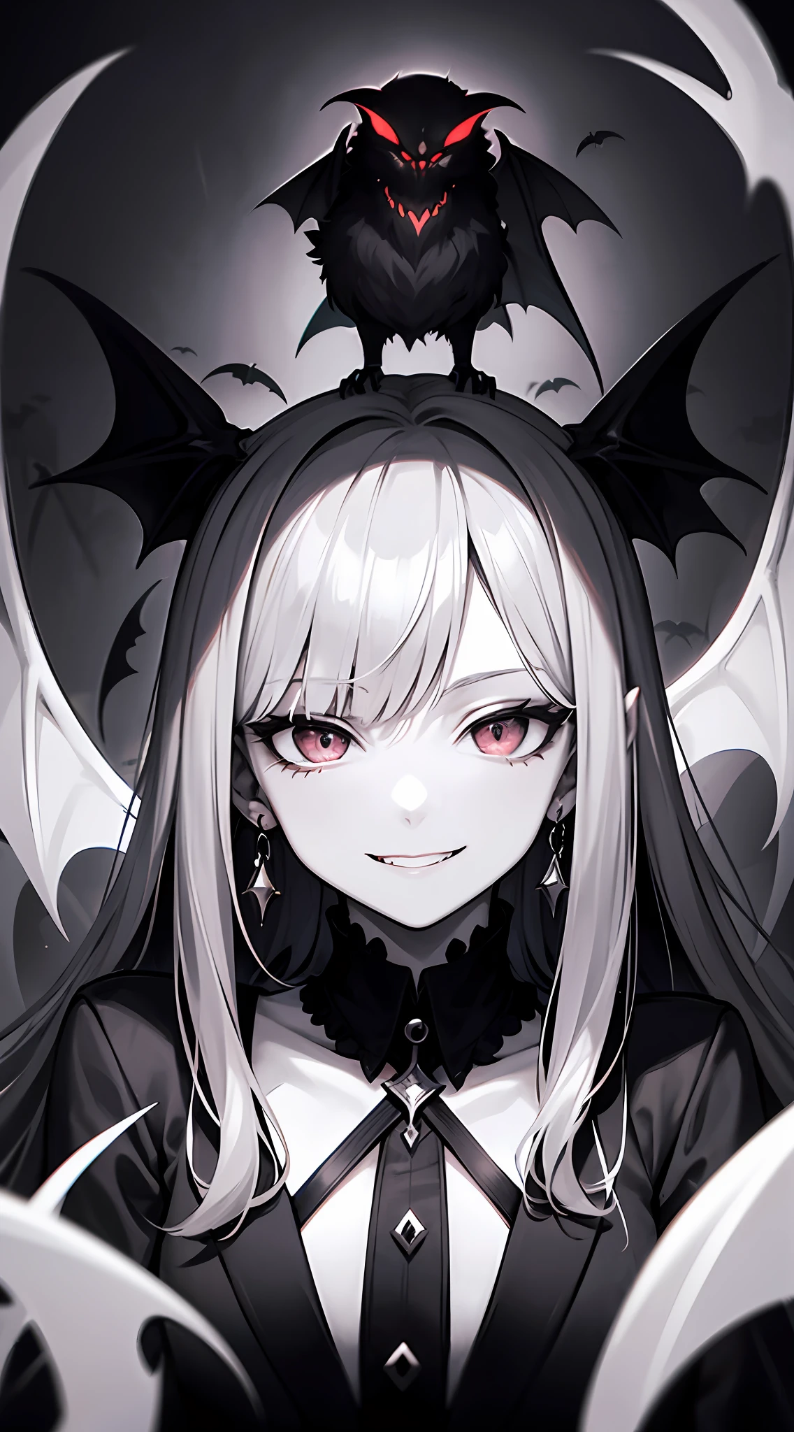 tmasterpiece，Evil smiling vampire portrait，Evil countenance，Three eyes，eye closeds，Black and white bat wings，A frame eroded by darkness and light