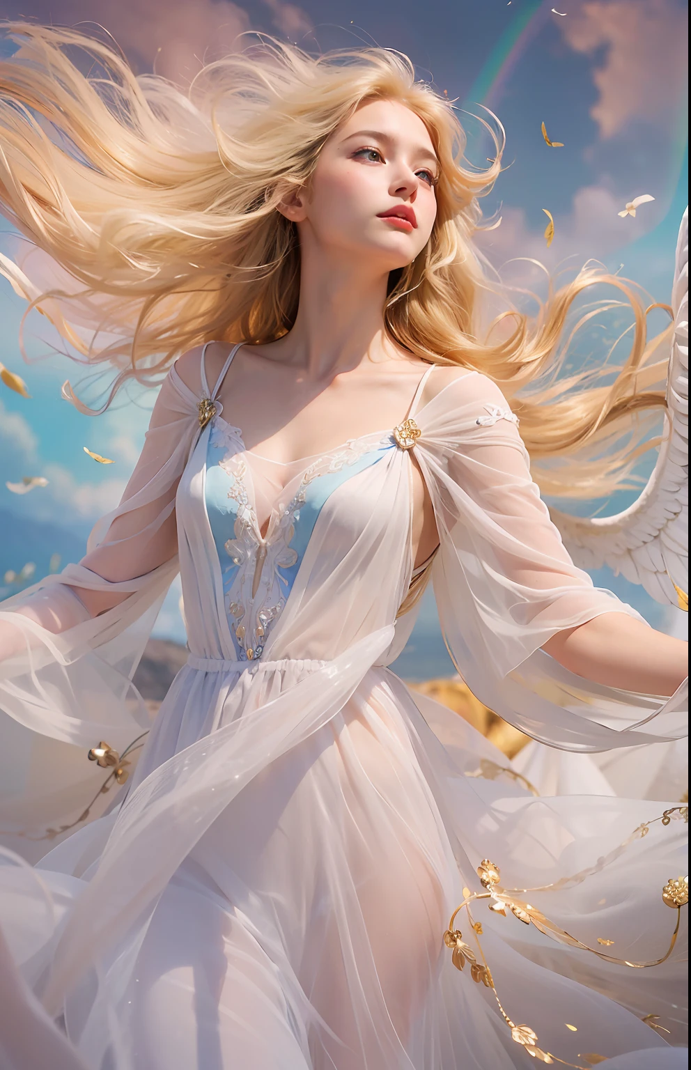 (masterpiece, high resolution, ethereal:1.2), breathtaking young woman, (long flowing golden hair:1.2), sparkling sapphire eyes, (angelic wings:1.3), iridescent feathers, (graceful white gown:1.1), soaring through the endless sky, (cotton candy clouds:1.2), radiant sunlight, (soft pastel colors:1.1), serene expression, arms outstretched, (wind-blown hair:1.2), dynamic composition, looking upwards, sense of freedom and tranquility, whimsical atmosphere.