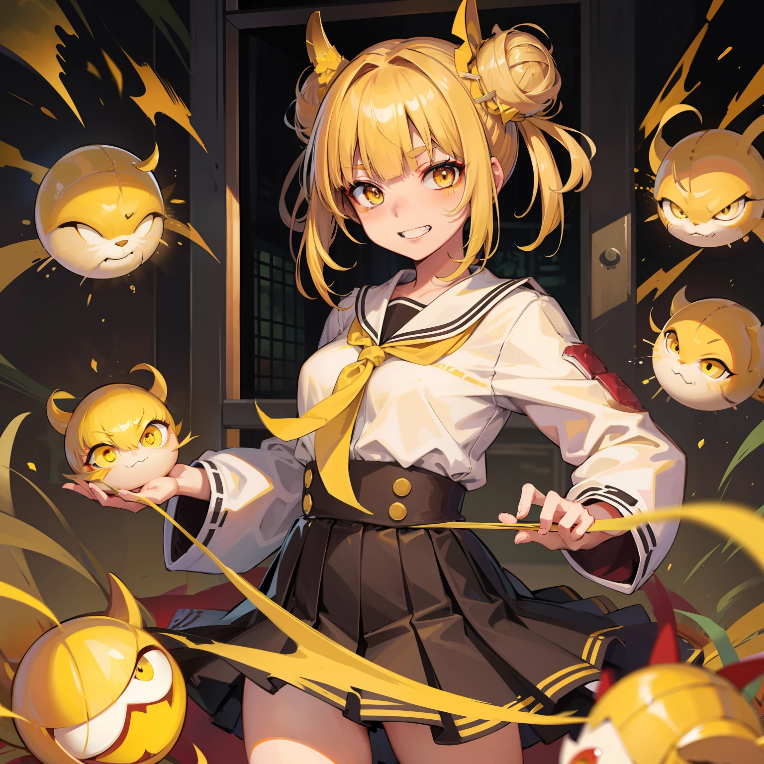 togahimiko, himiko toga, blonde hair, blunt bangs, double bun, eyebrows hidden by hair, eyeliner, hair bun, makeup, messy hair, (yellow eyes:1.5), grin, fangs, narrow eyes, teeth, BREAK long sleeves, pleated skirt, school uniform, serafuku, skirt, BREAK looking at viewer, BREAK indoors, classroom, BREAK (masterpiece:1.2), best quality, high resolution, unity 8k wallpaper, (illustration:0.8), (beautiful detailed eyes:1.6), extremely detailed face, perfect lighting, extremely detailed CG, (perfect hands, perfect anatomy),